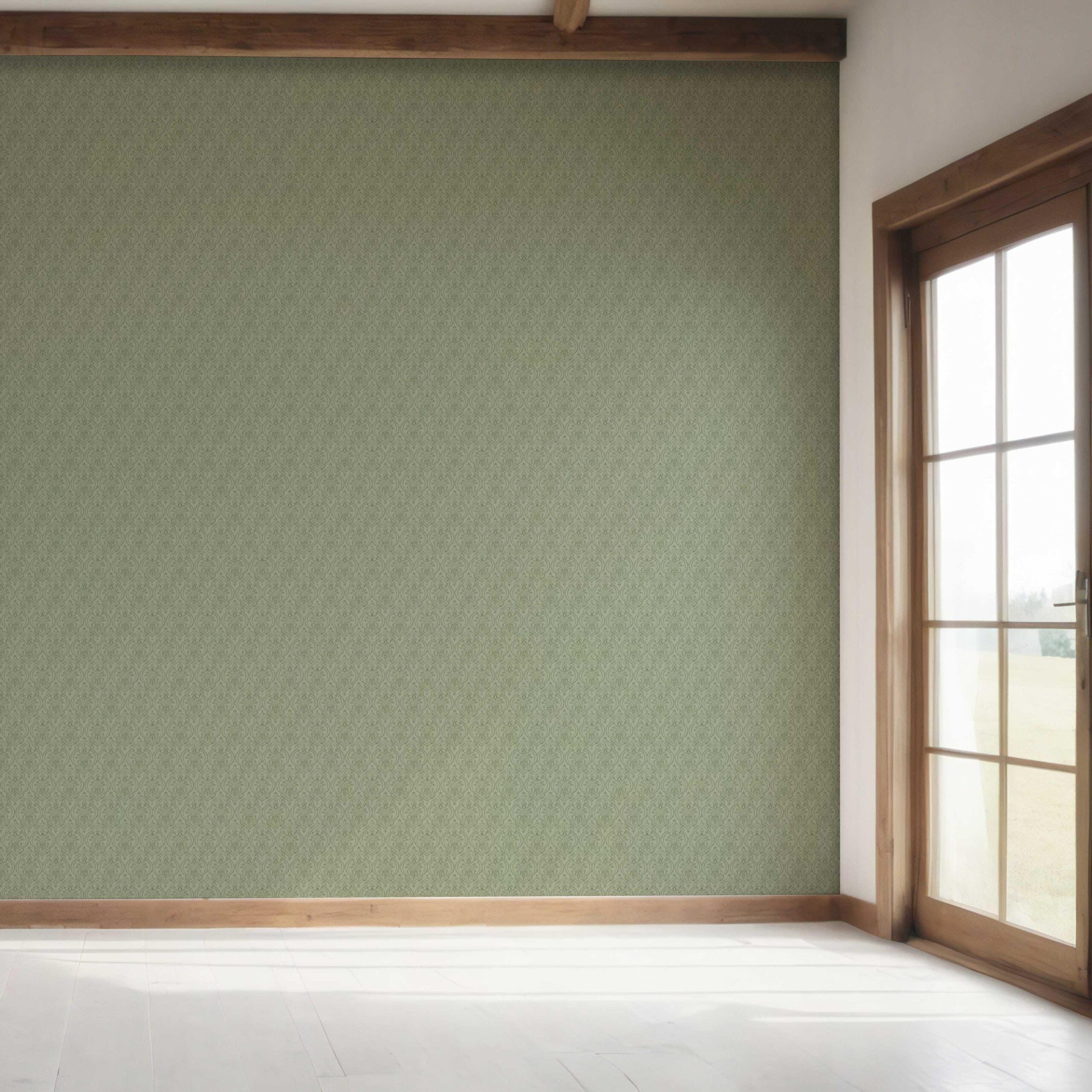 Self-Patterned Damask Floral Bedroom Wallpaper (Olive Green)