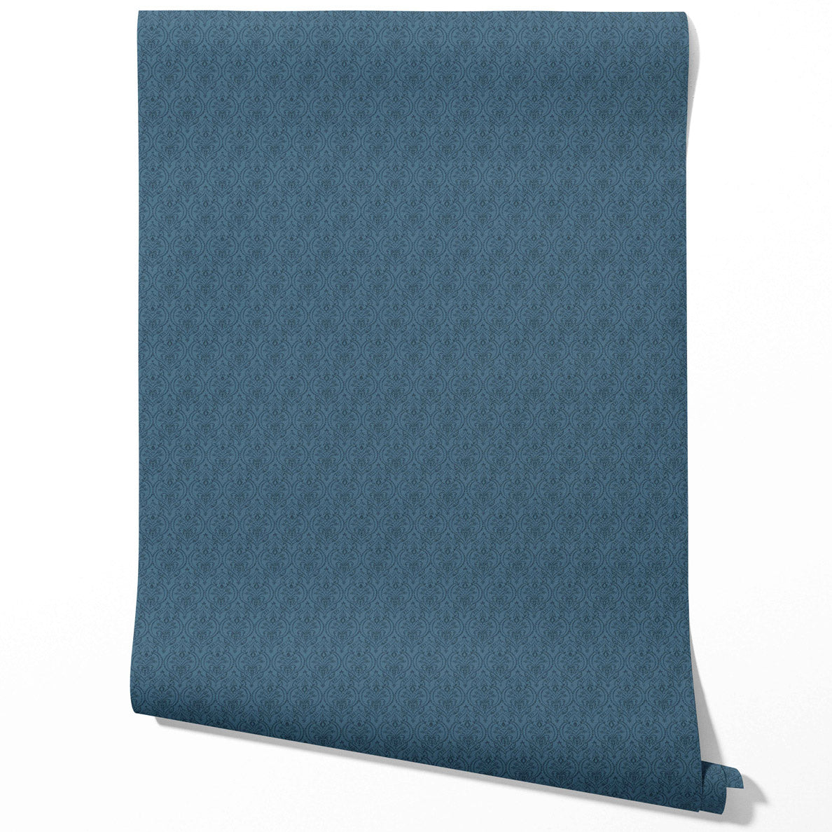 Self-Patterned Damask Floral Bathroom Wallpaper Sample (Prussian Blue)