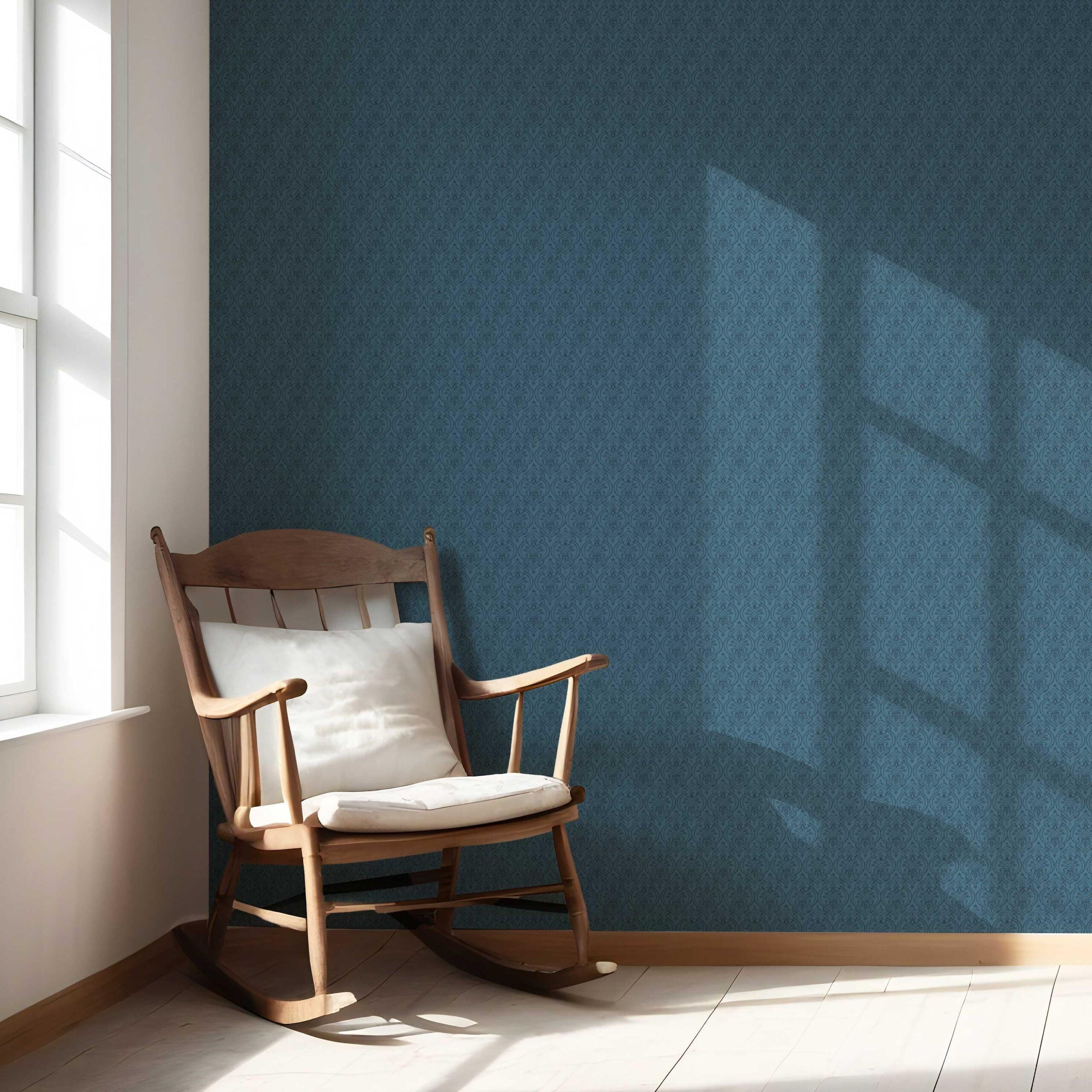 Self-Patterned Damask Floral Nursery Wallpaper Sample (Prussian Blue)
