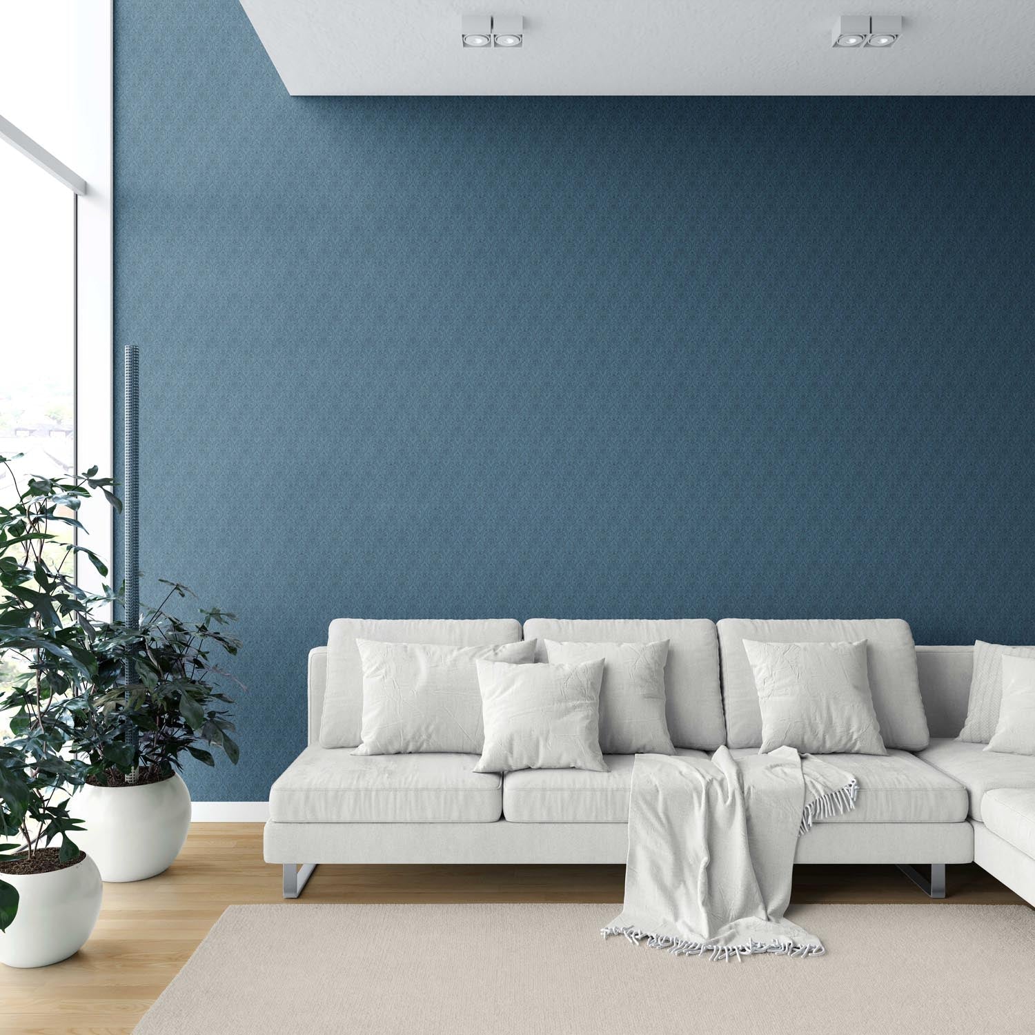 Self-Patterned Damask Floral Shower Toilet Wallpaper Sample (Prussian Blue)