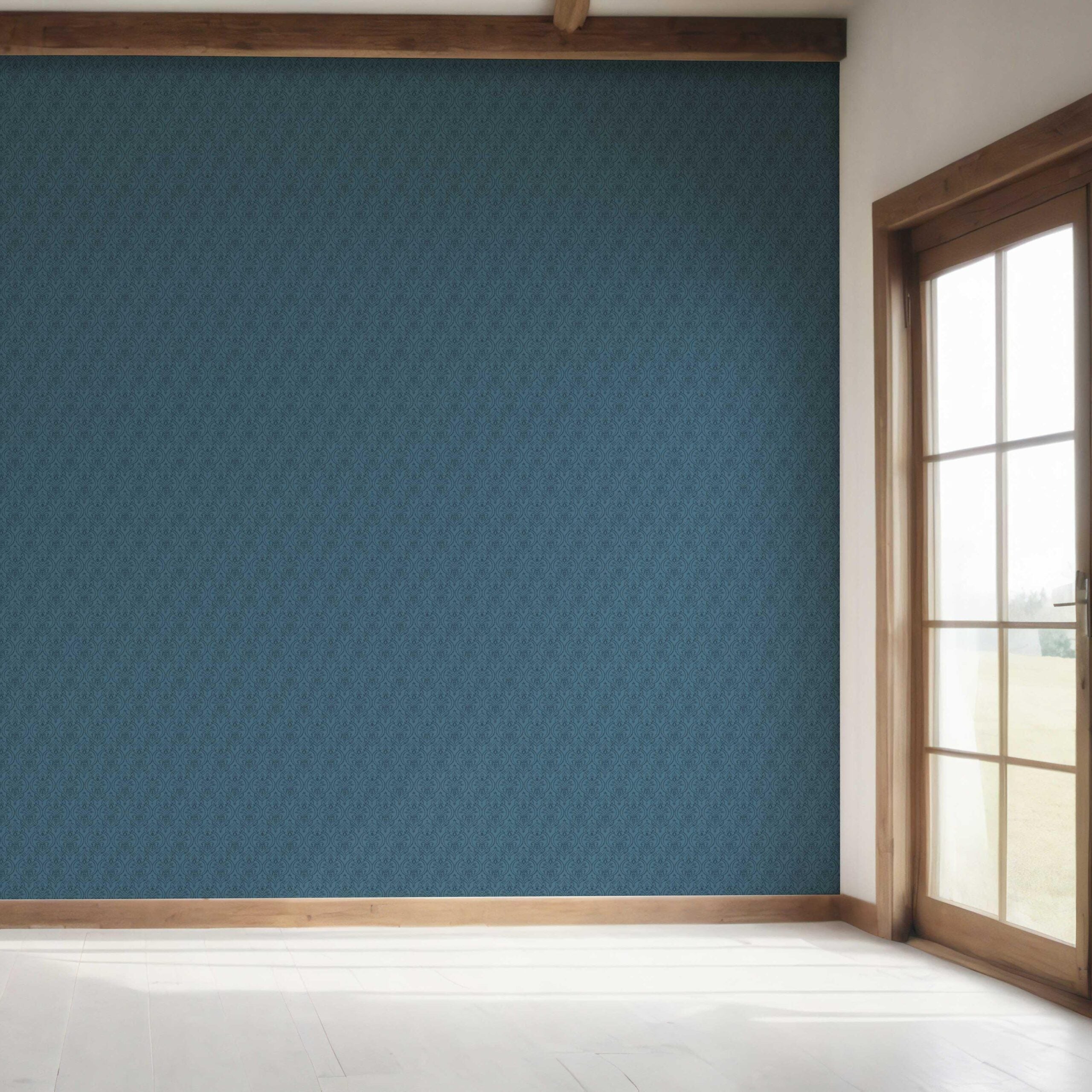 Self-Patterned Damask Floral Bedroom Wallpaper Sample (Prussian Blue)