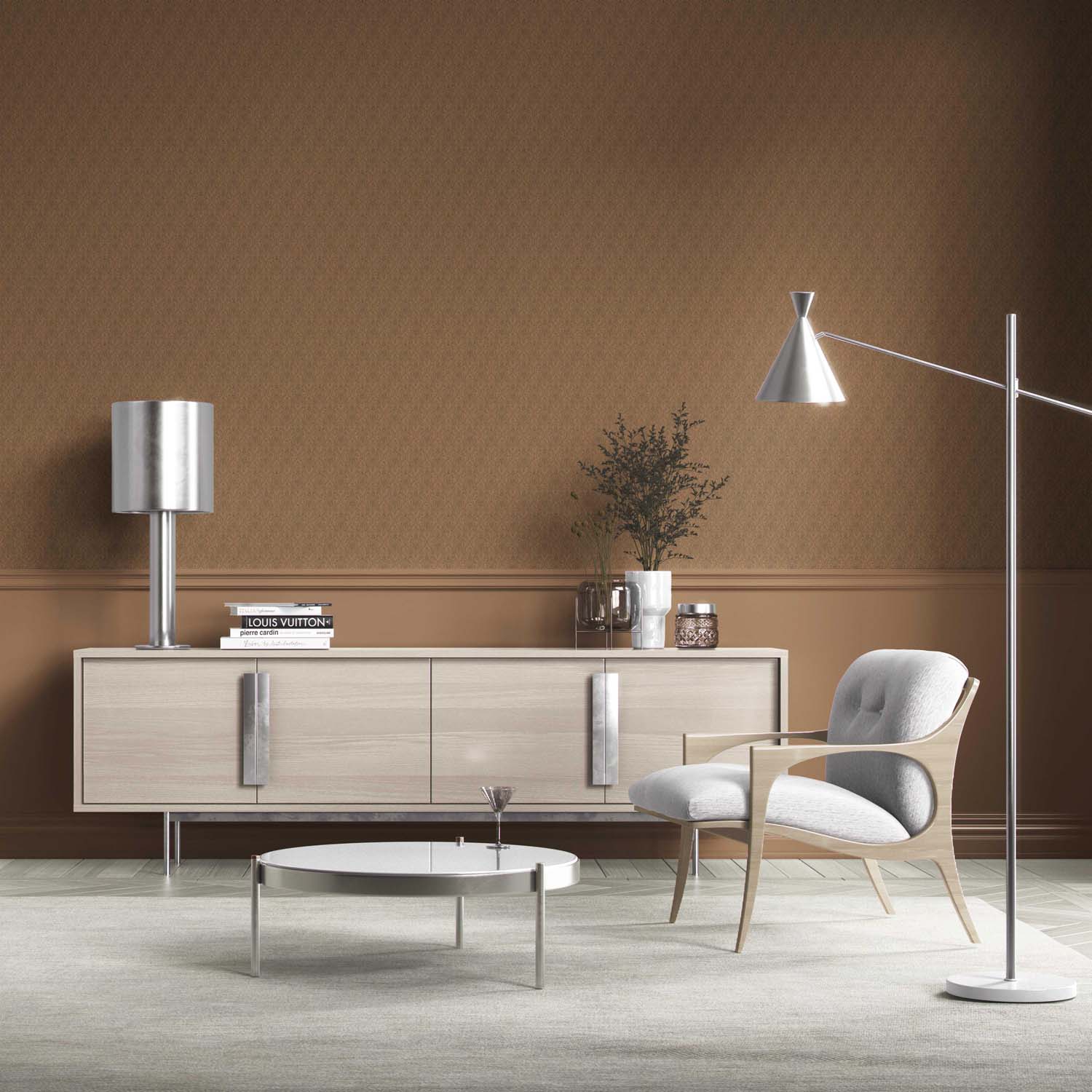 Neutral Self-Patterned Damask Floral Kitchen Wallpaper Sample (Brown/ Deep Bronze)
