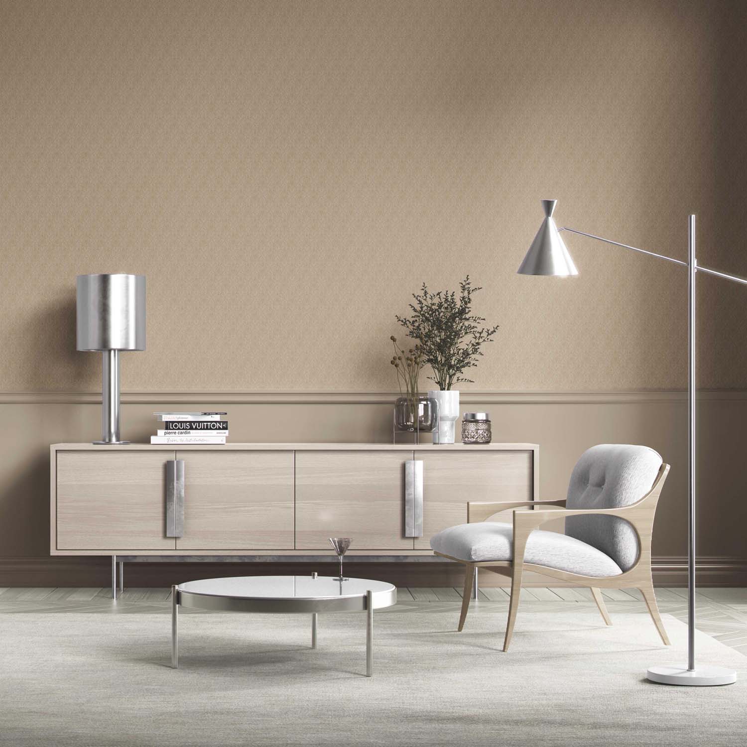 Neutral Self-Patterned Damask Floral Kitchen Wallpaper Sample (Beige/ Tan/ Taupe)