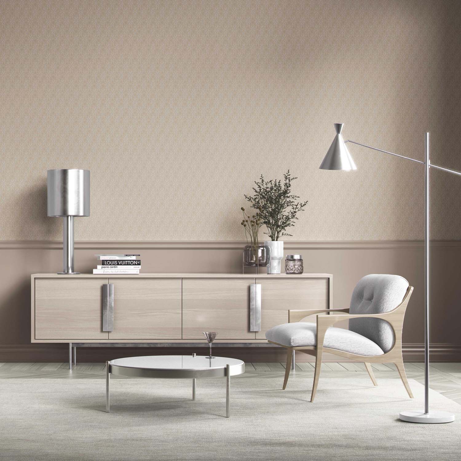 Neutral Self-Patterned Damask Floral Kitchen Wallpaper Sample (Beige/ Greige/ Soft Taupe)