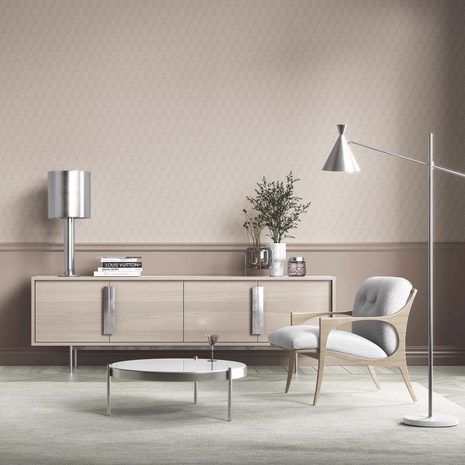 Neutral Self-Patterned Damask Floral Kitchen Wallpaper Sample (Greige/ Oatmeal Beige/ Light Taupe)