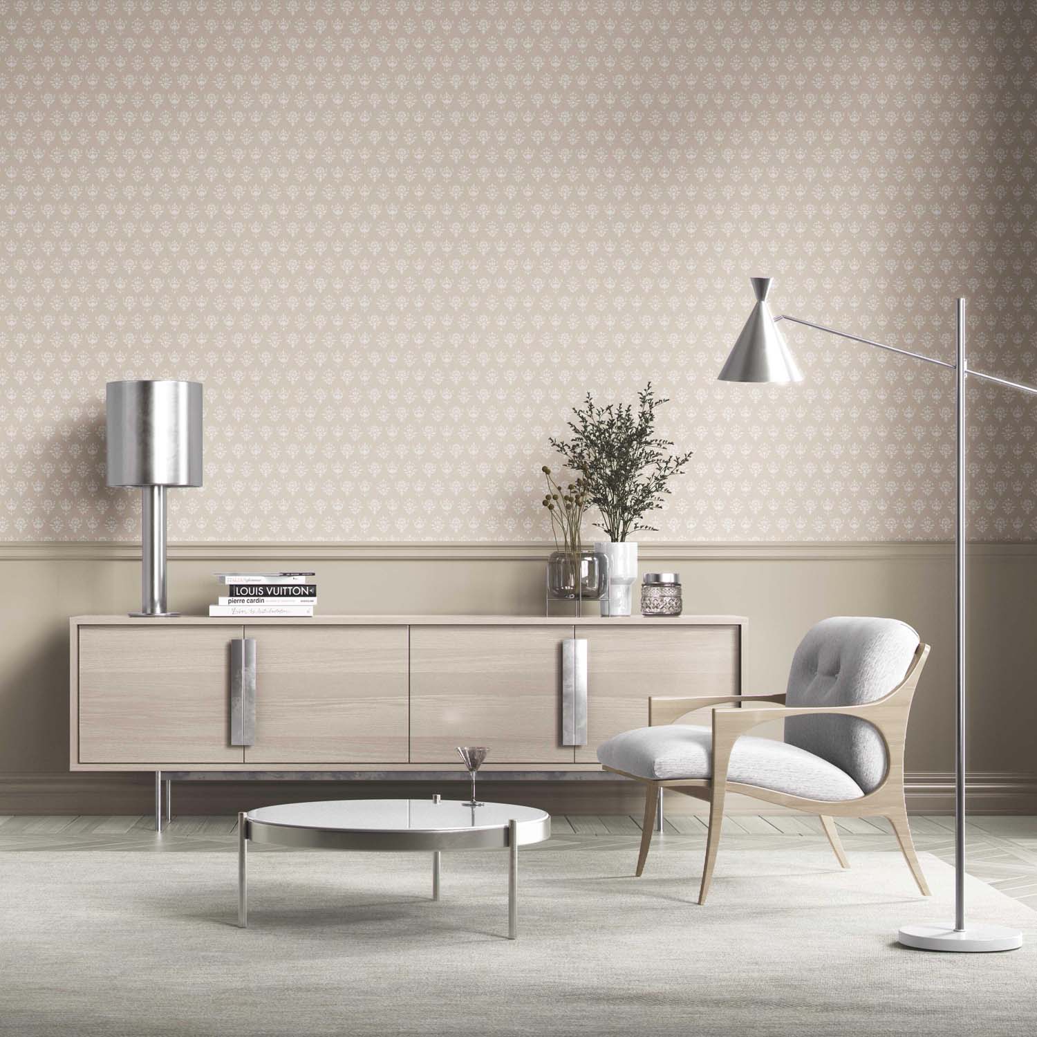 Neutral Floral Block Print Bathroom Wallpaper Sample (Beige/ Taupe/ Off-White)