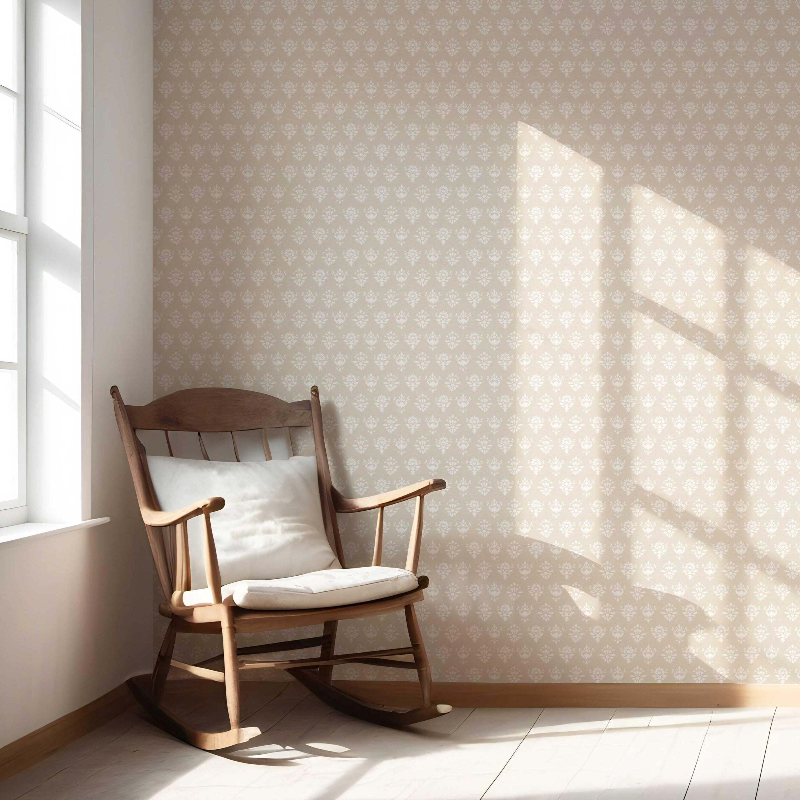 Neutral Floral Block Print Nursery Wallpaper Sample (Beige/ Taupe/ Off-White)