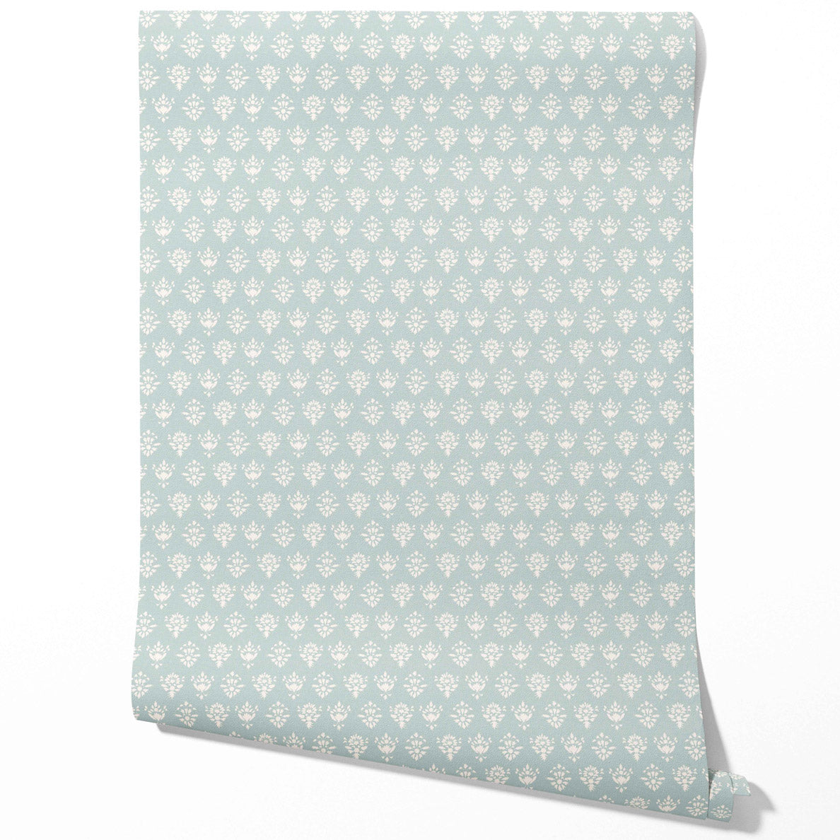 Floral Block Print Traditional Wallpaper Sample (Duck Egg Blue/ Off-White)