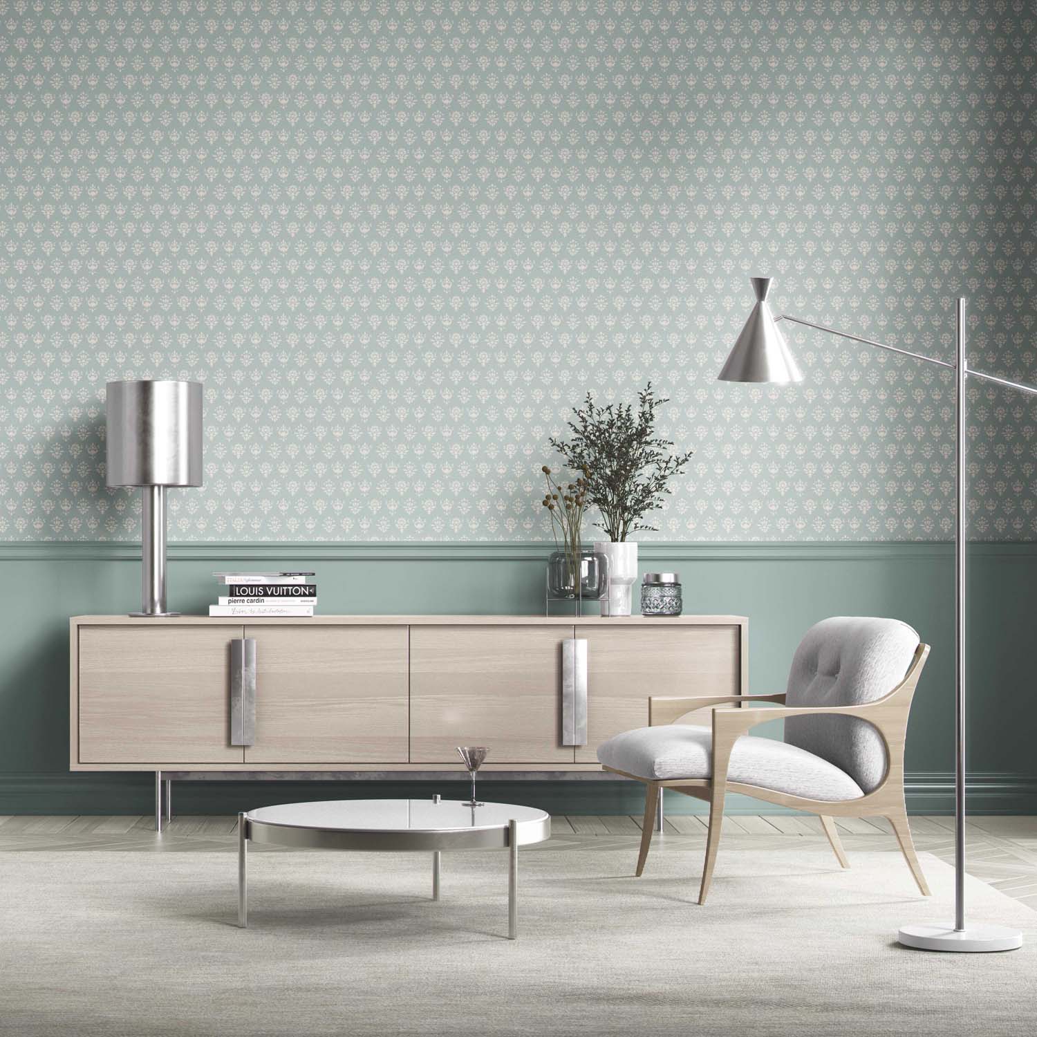 Floral Block Print Bathroom Wallpaper Sample (Duck Egg Blue/ Off-White)
