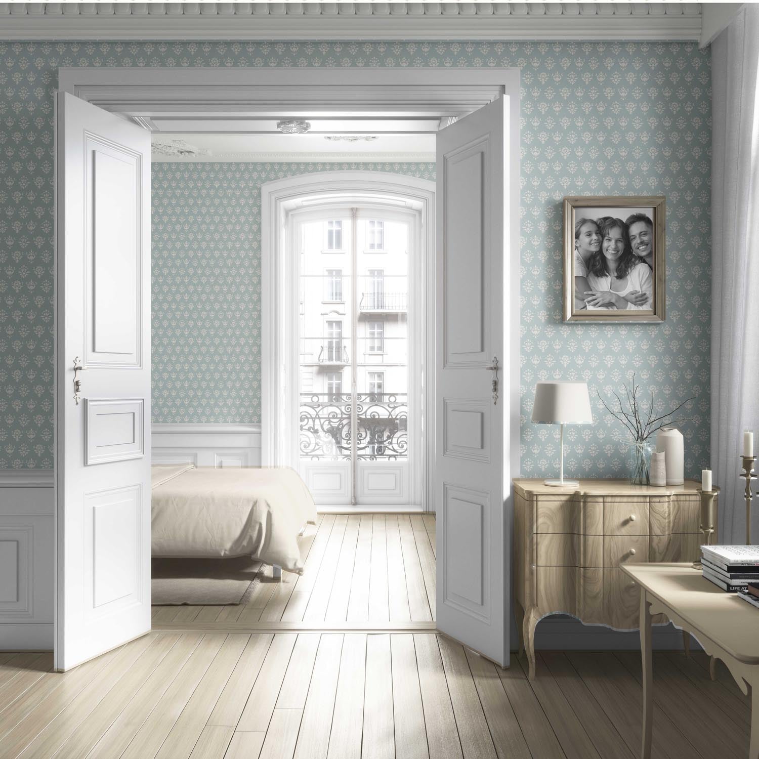 Floral Block Print Living Room Wallpaper Sample (Duck Egg Blue/ Off-White)