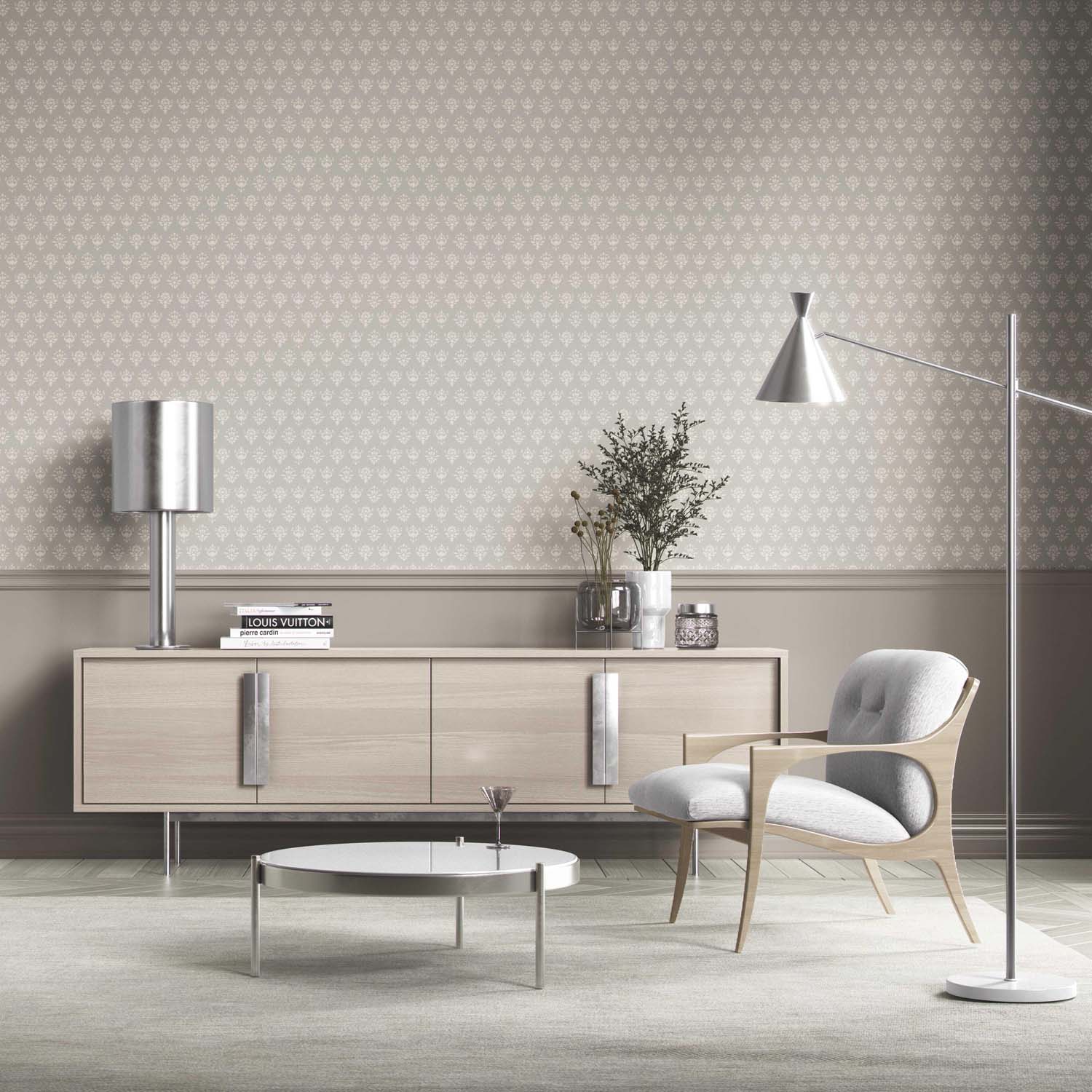 Neutral Floral Block Print Bathroom Wallpaper Sample (Warm Gray/ Beige/ Taupe/ Off-White)
