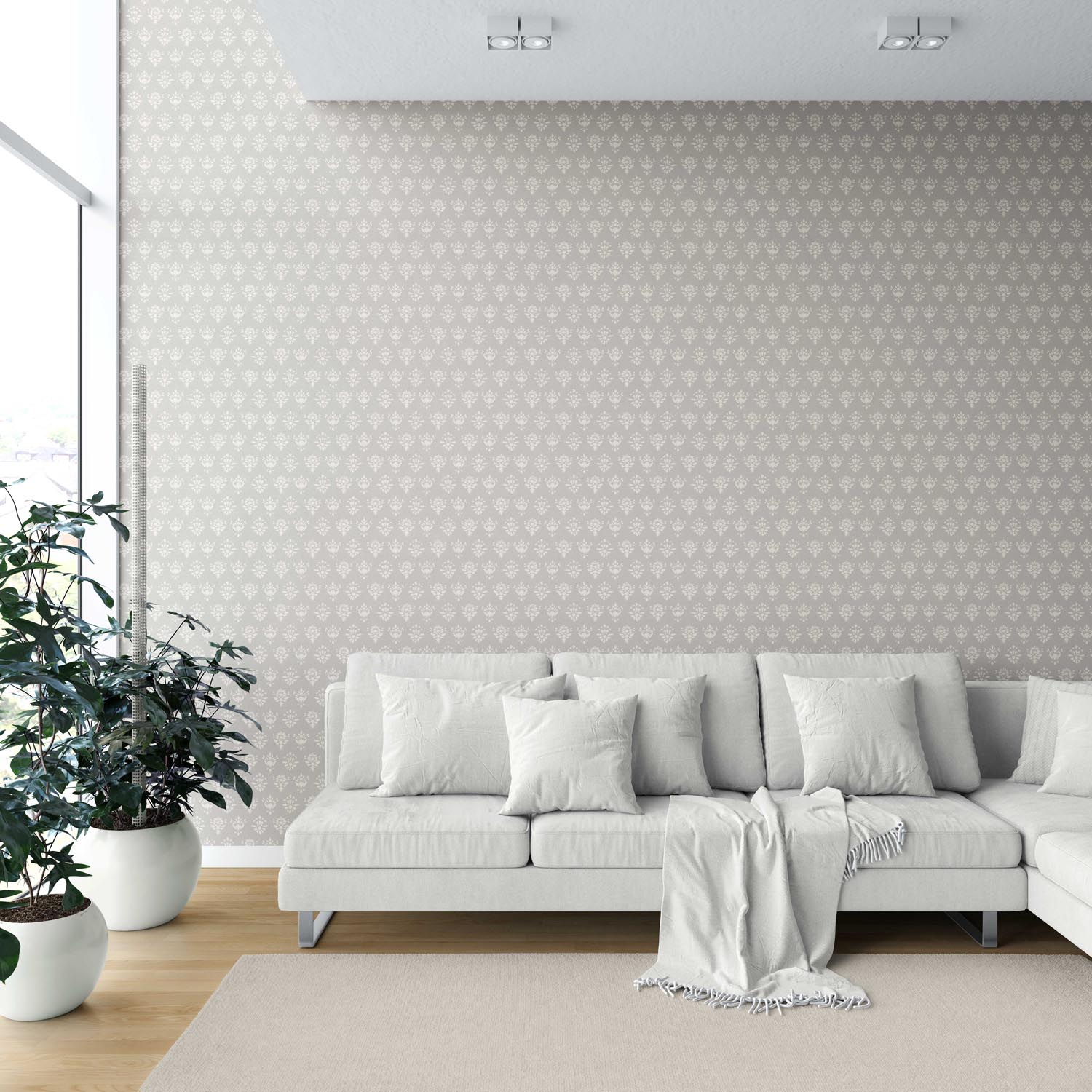 Neutral Floral Block Print Shower Toilet Wallpaper Sample (Warm Gray/ Beige/ Taupe/ Off-White)