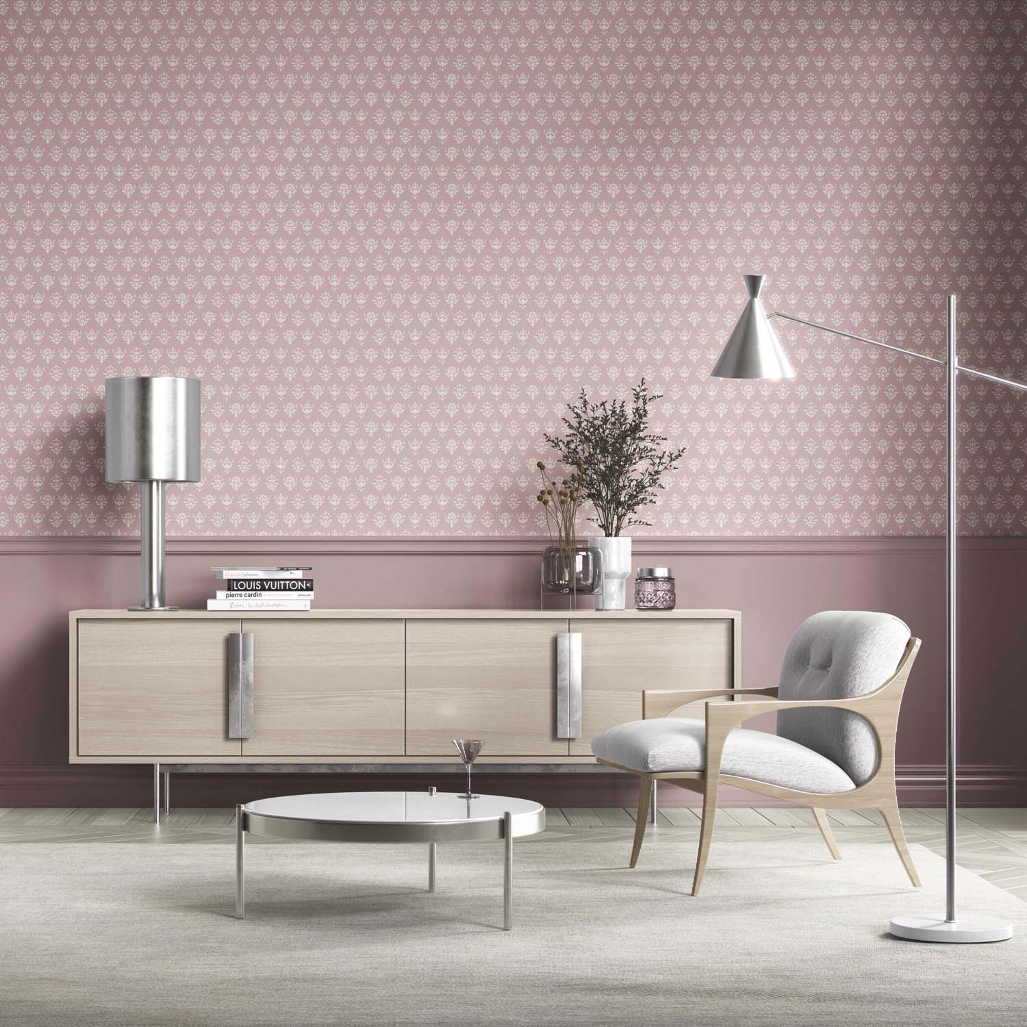 Floral Block Print Bathroom Wallpaper Sample (Blush Pink/ Off-White)