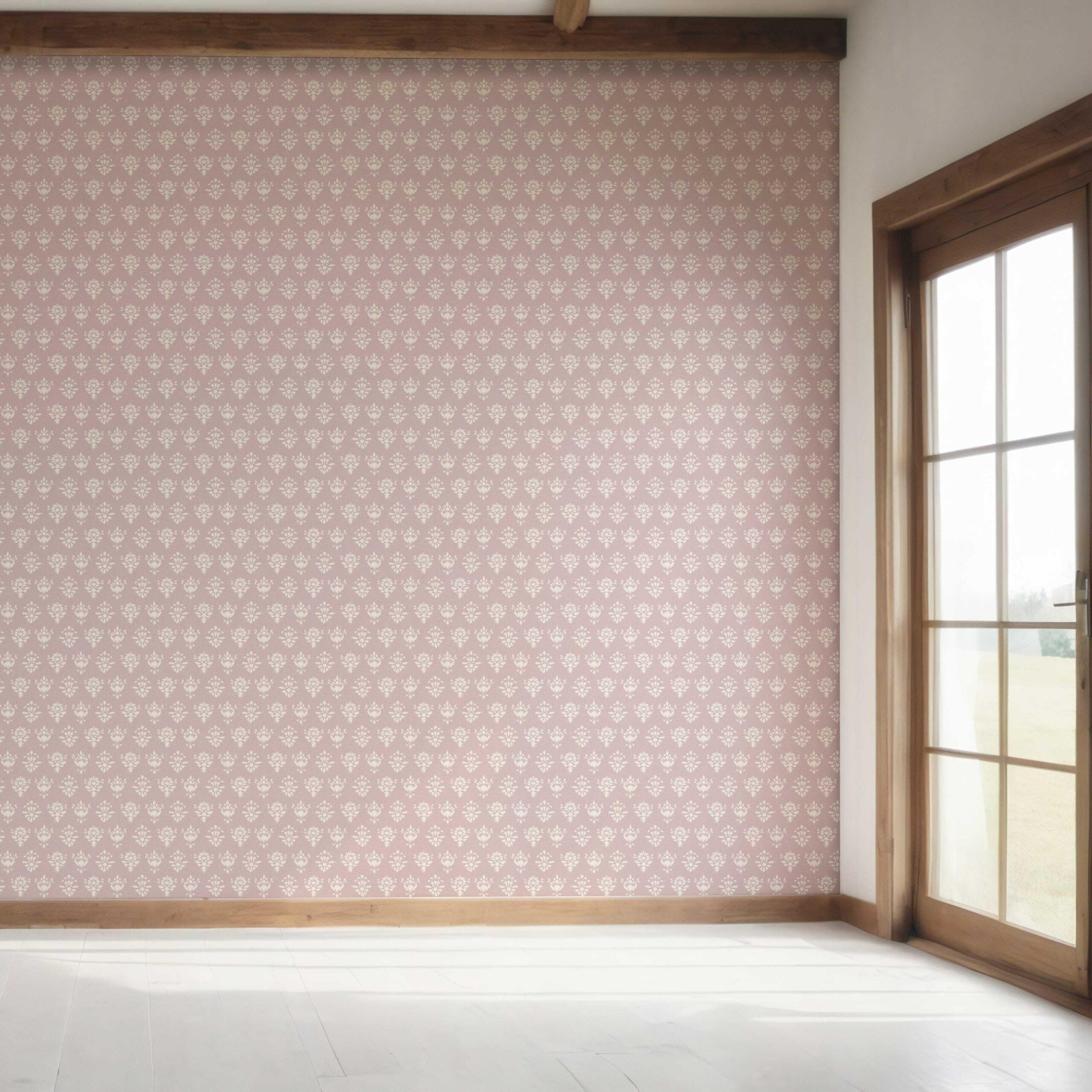 Floral Block Print Bedroom Wallpaper Sample (Blush Pink/ Off-White)