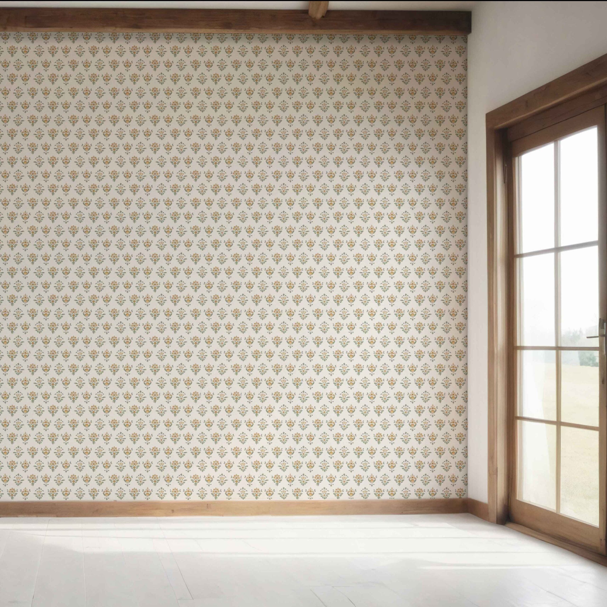Floral Block Print Bedroom Wallpaper (Yellow/ Green)