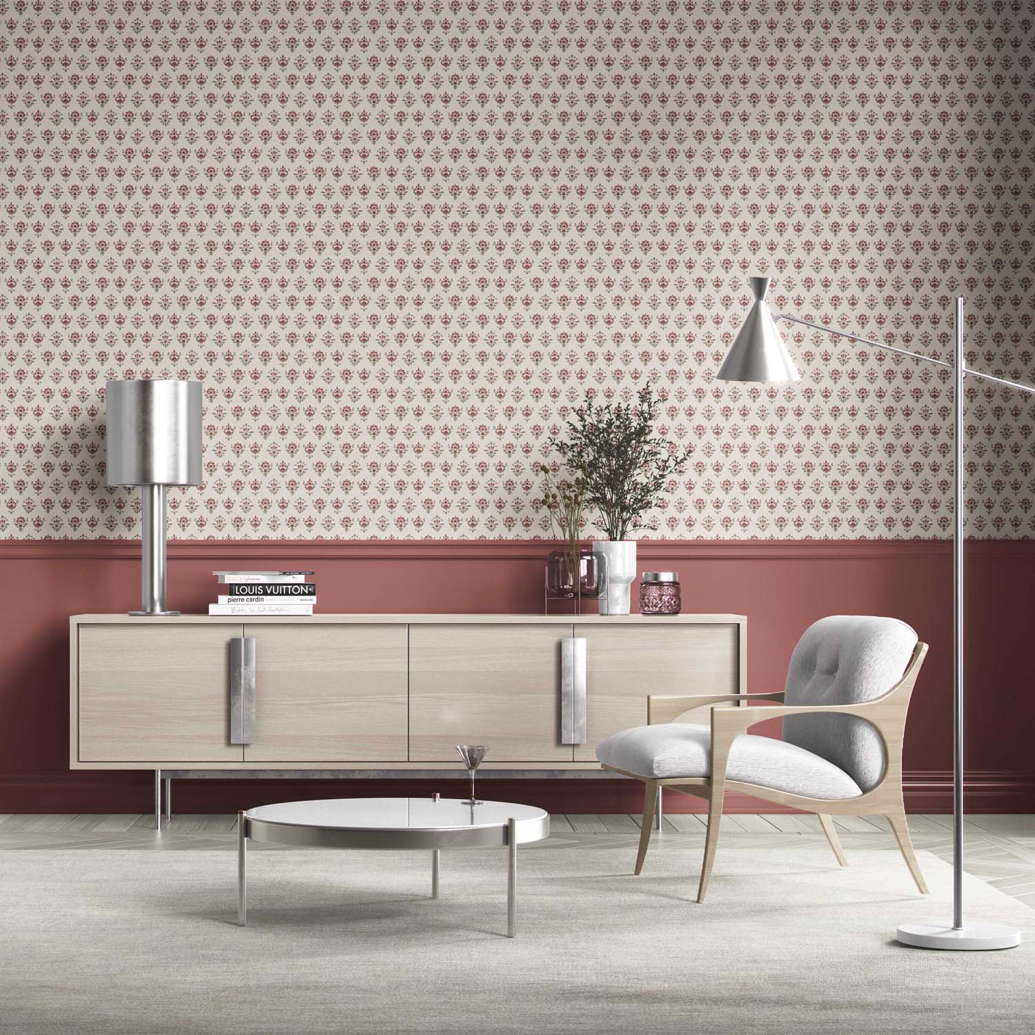 Floral Block Print Bathroom Wallpaper (Red/ Green)