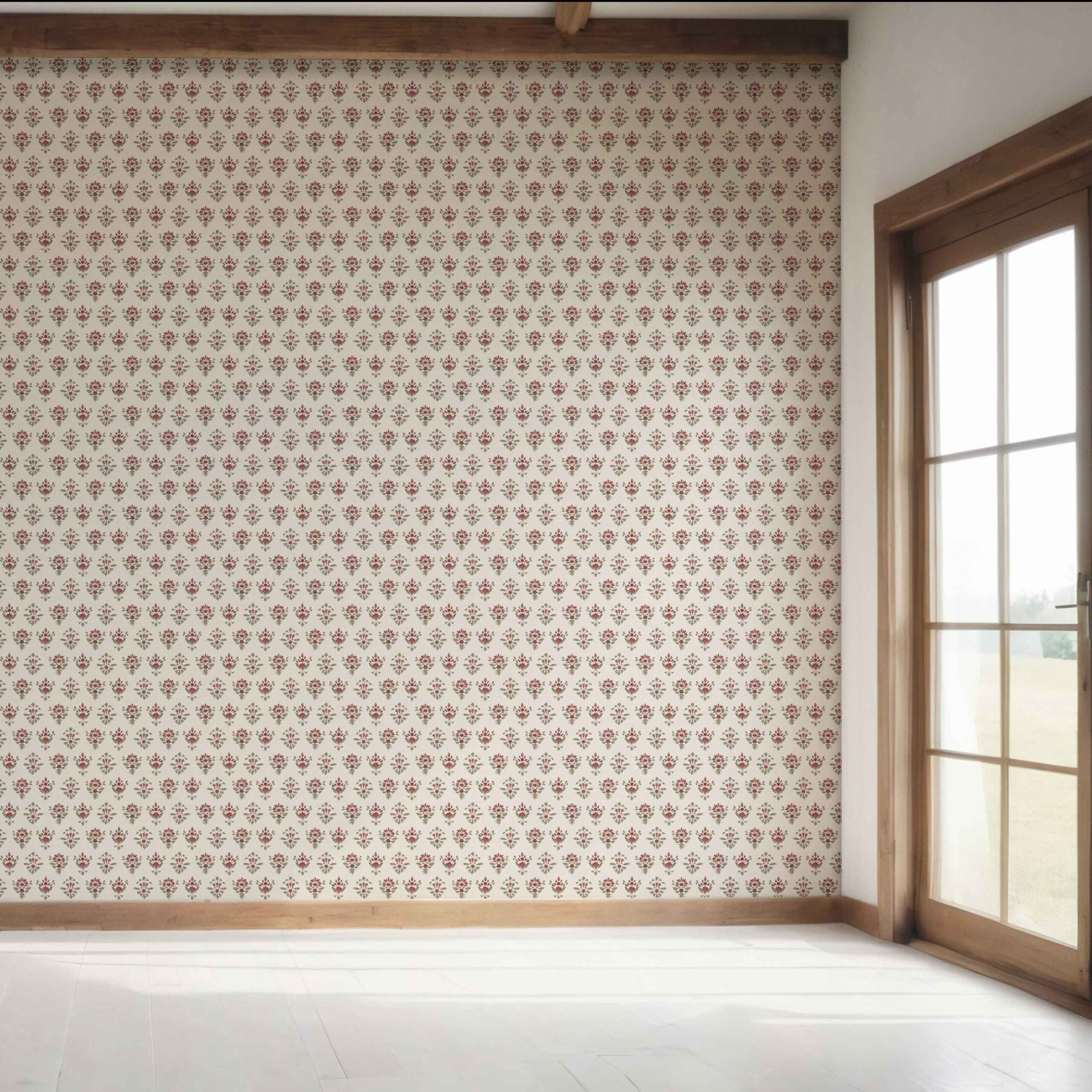 Floral Block Print Bedroom Wallpaper (Red/ Green)