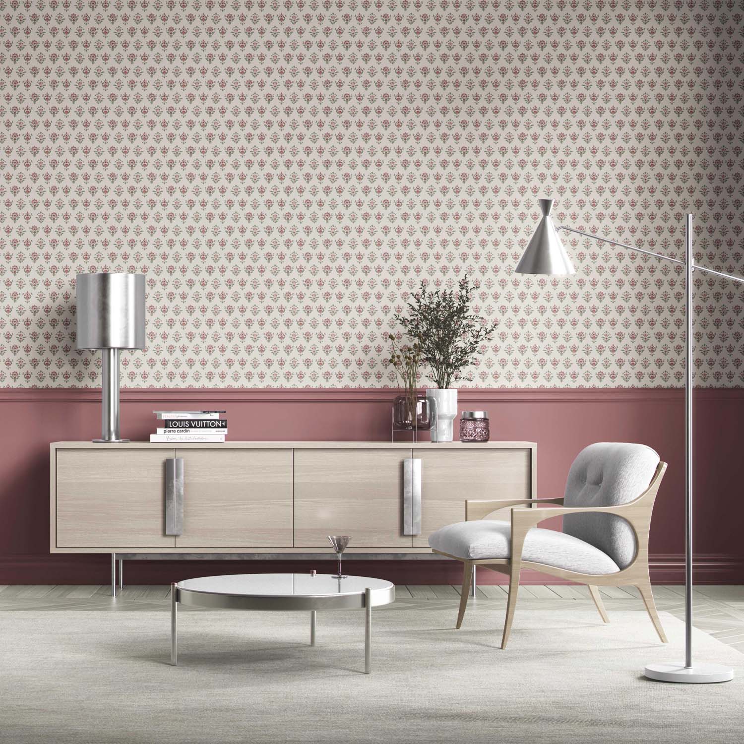 Floral Block Print Bathroom Wallpaper Sample (Pink/ Red/ Green)