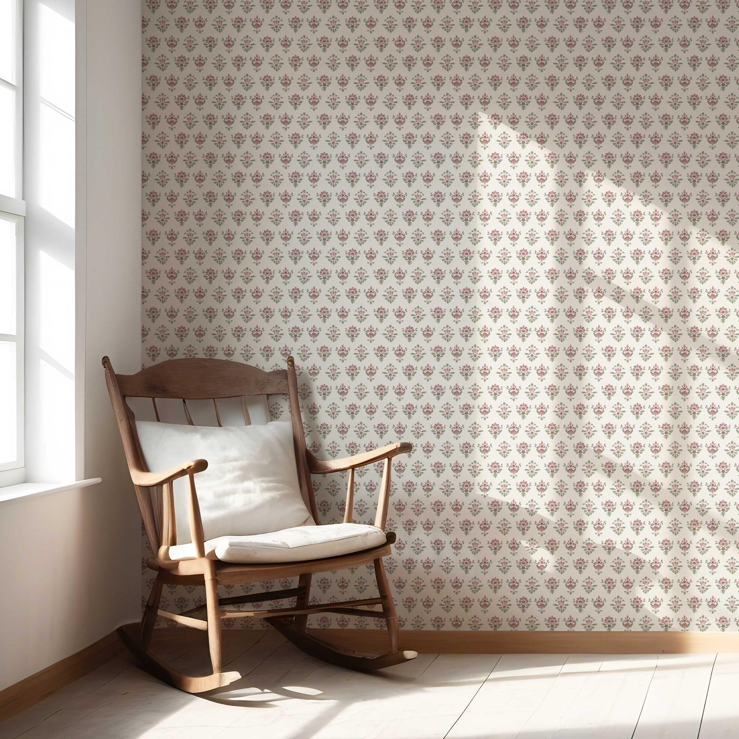 Floral Block Print Nursery Wallpaper Sample (Pink/ Red/ Green)