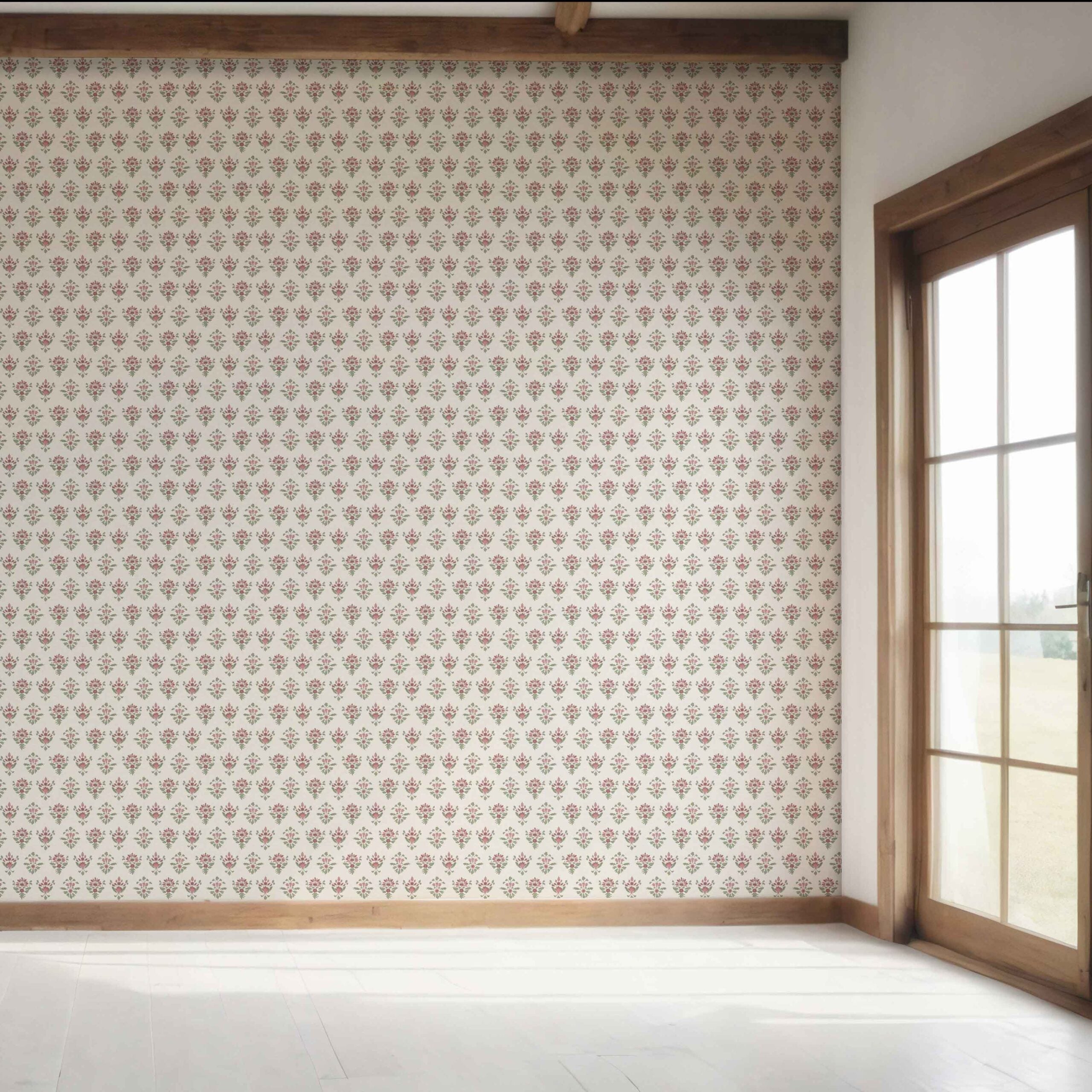 Floral Block Print Bedroom Wallpaper Sample (Pink/ Red/ Green)