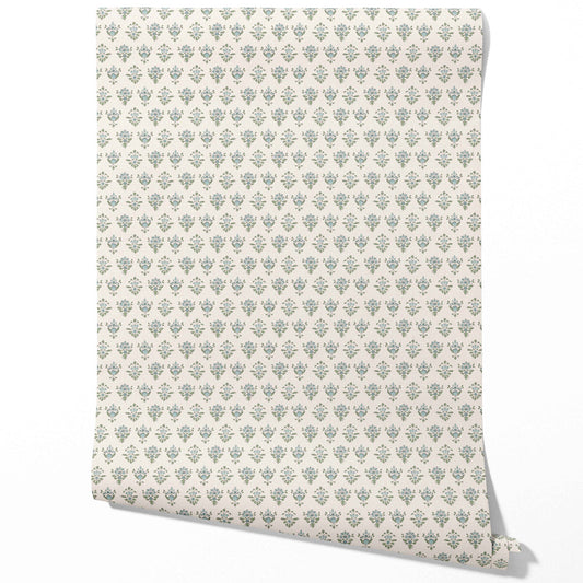 Floral Block Print Traditional Wallpaper (Green/ Pale Blue)
