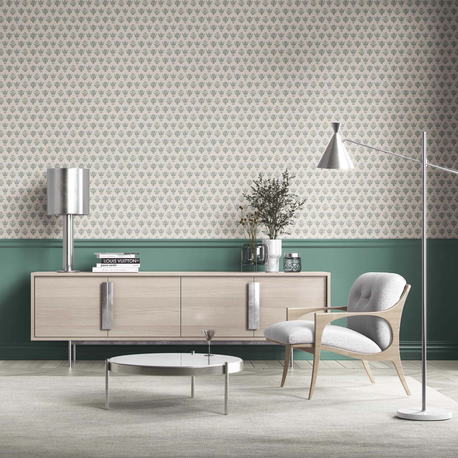 Floral Block Print Bathroom Wallpaper Sample (Green/ Pale Blue)