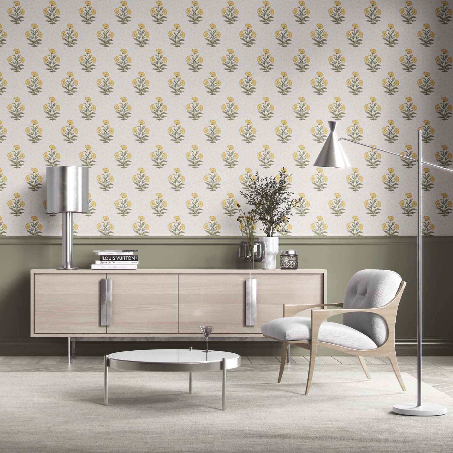 Floral Block Print Kitchen Wallpaper (Yellow/ Green)