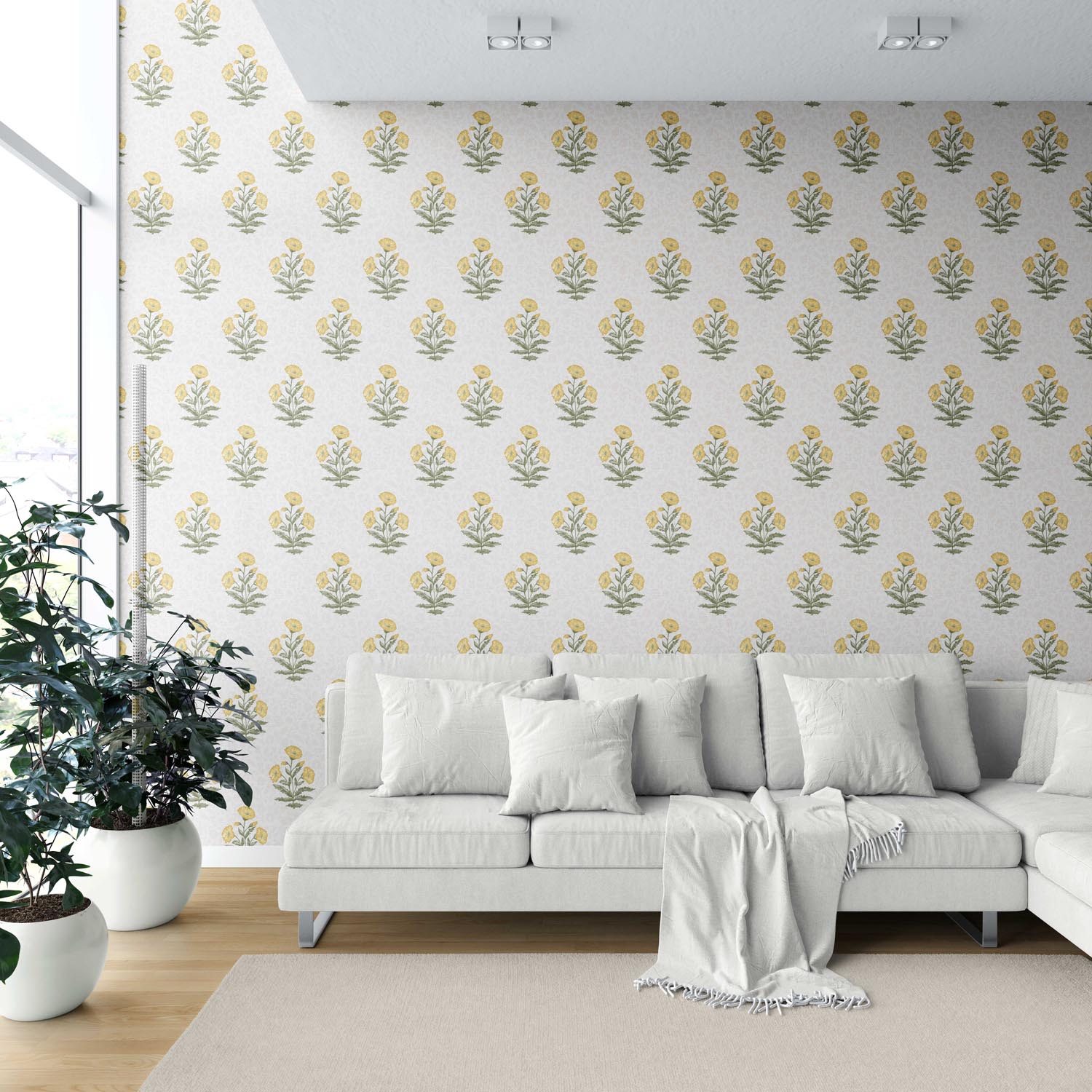 Floral Block Print Shower Toilet Wallpaper (Yellow/ Green)