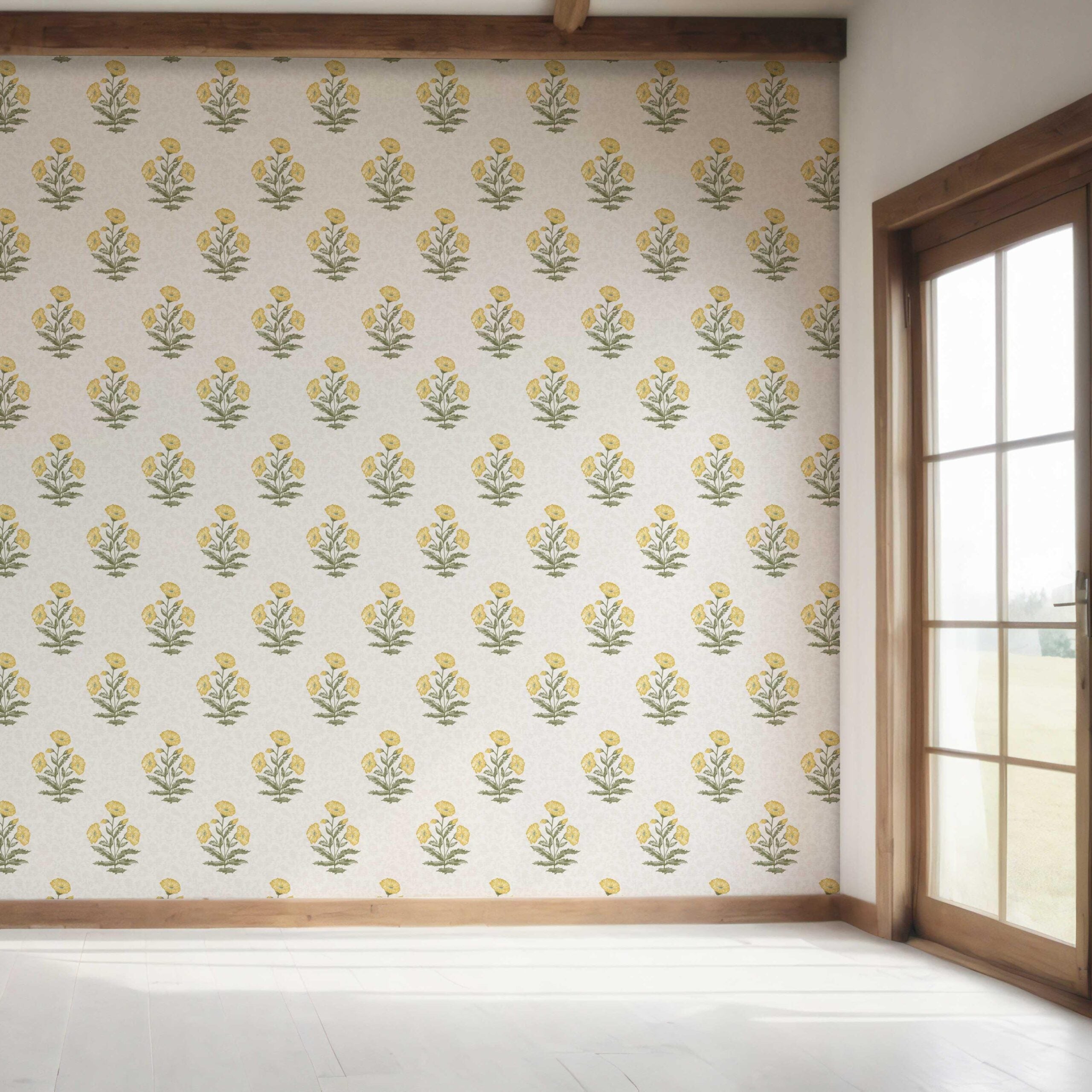 Floral Block Print Bedroom Wallpaper (Yellow/ Green)