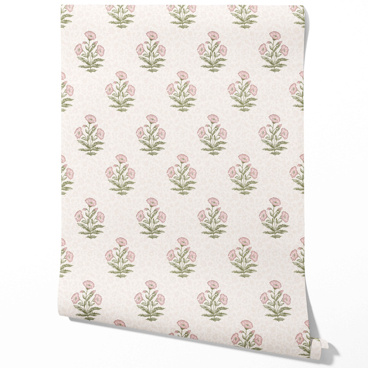 Floral Block Print Traditional Wallpaper (Pale Pink/ Green)