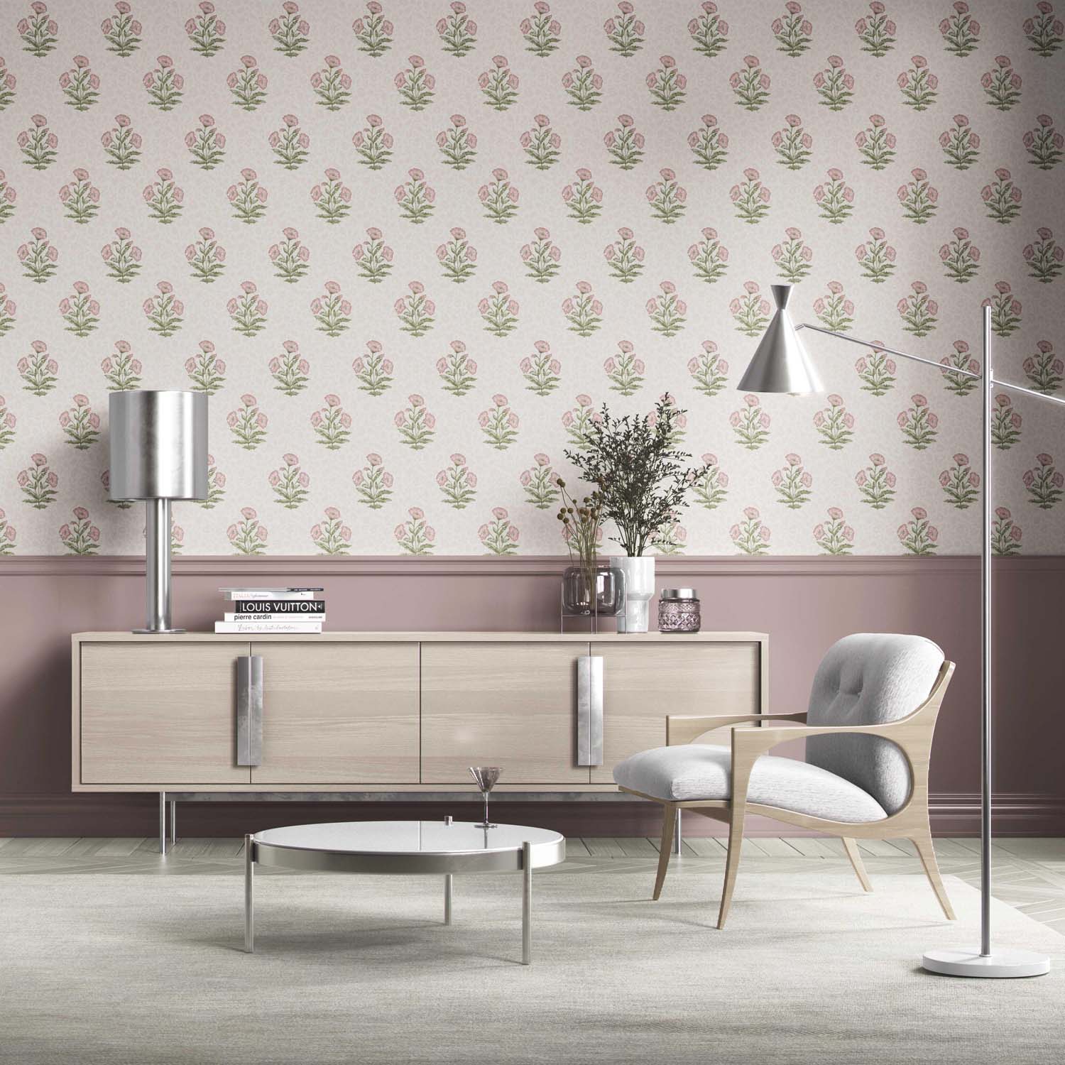 Floral Block Print Kitchen Wallpaper Sample (Pale Pink/ Green)