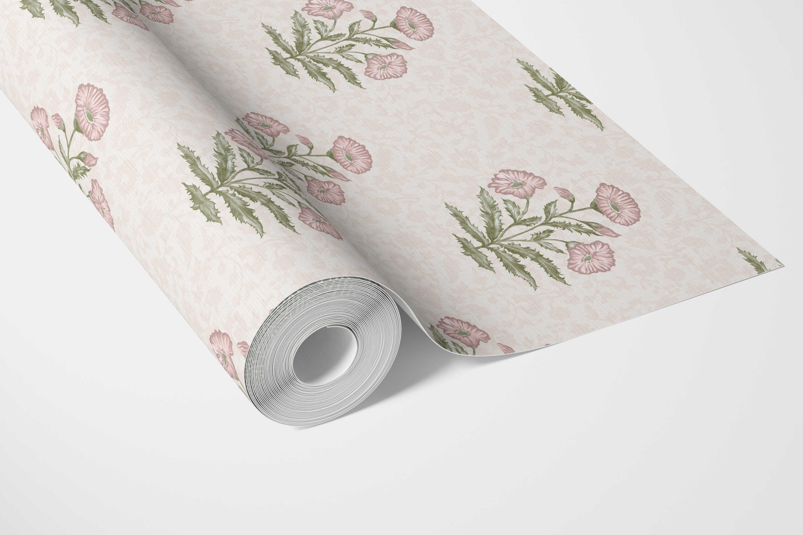 Floral Block Print Bathroom Wallpaper Sample (Pale Pink/ Green)