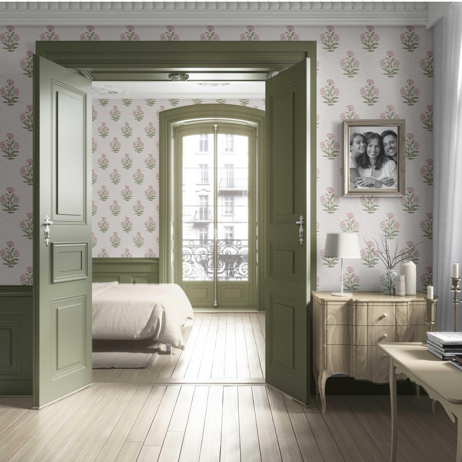 Floral Block Print Living Room Wallpaper Sample (Pale Pink/ Green)
