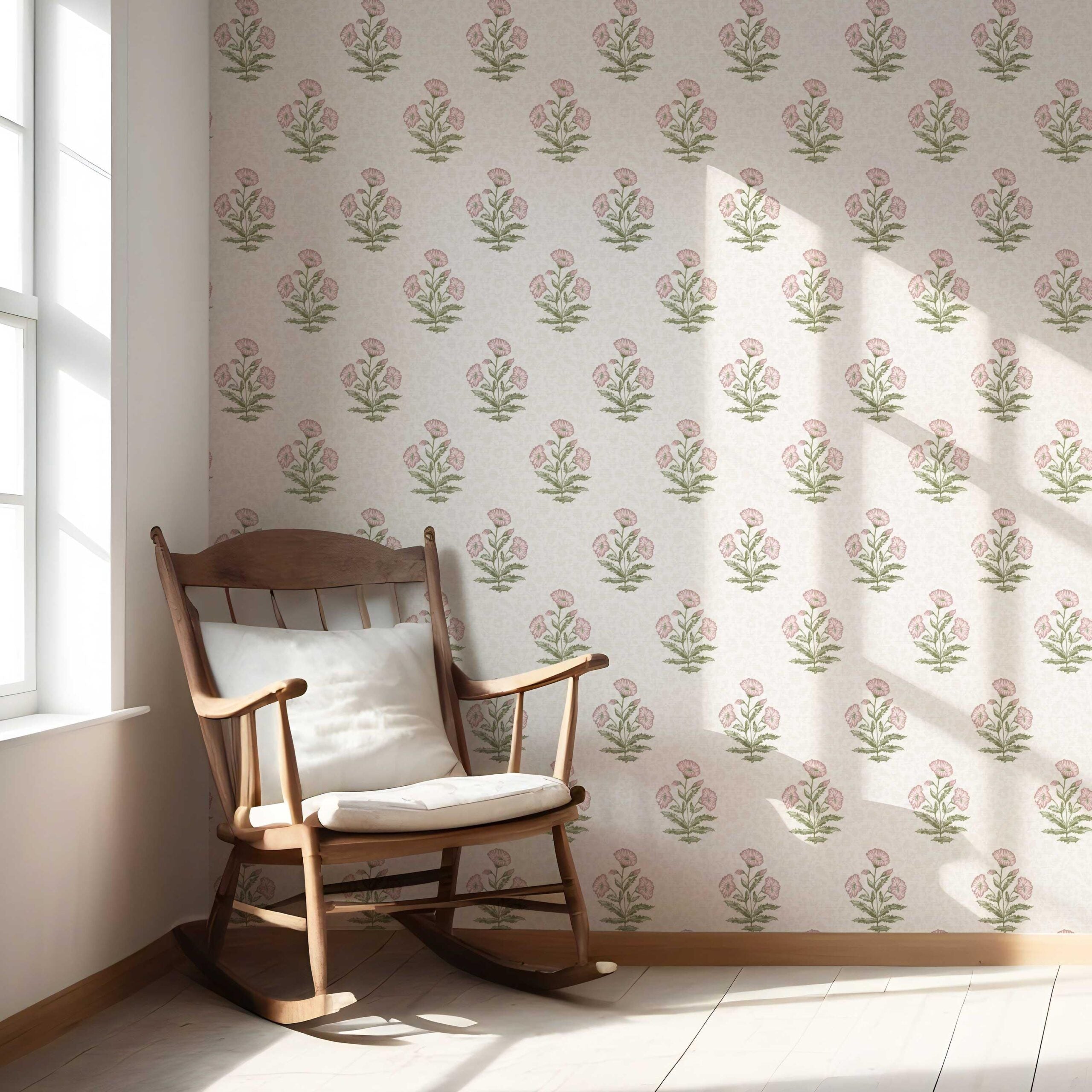 Floral Block Print Nursery Wallpaper (Pale Pink/ Green)
