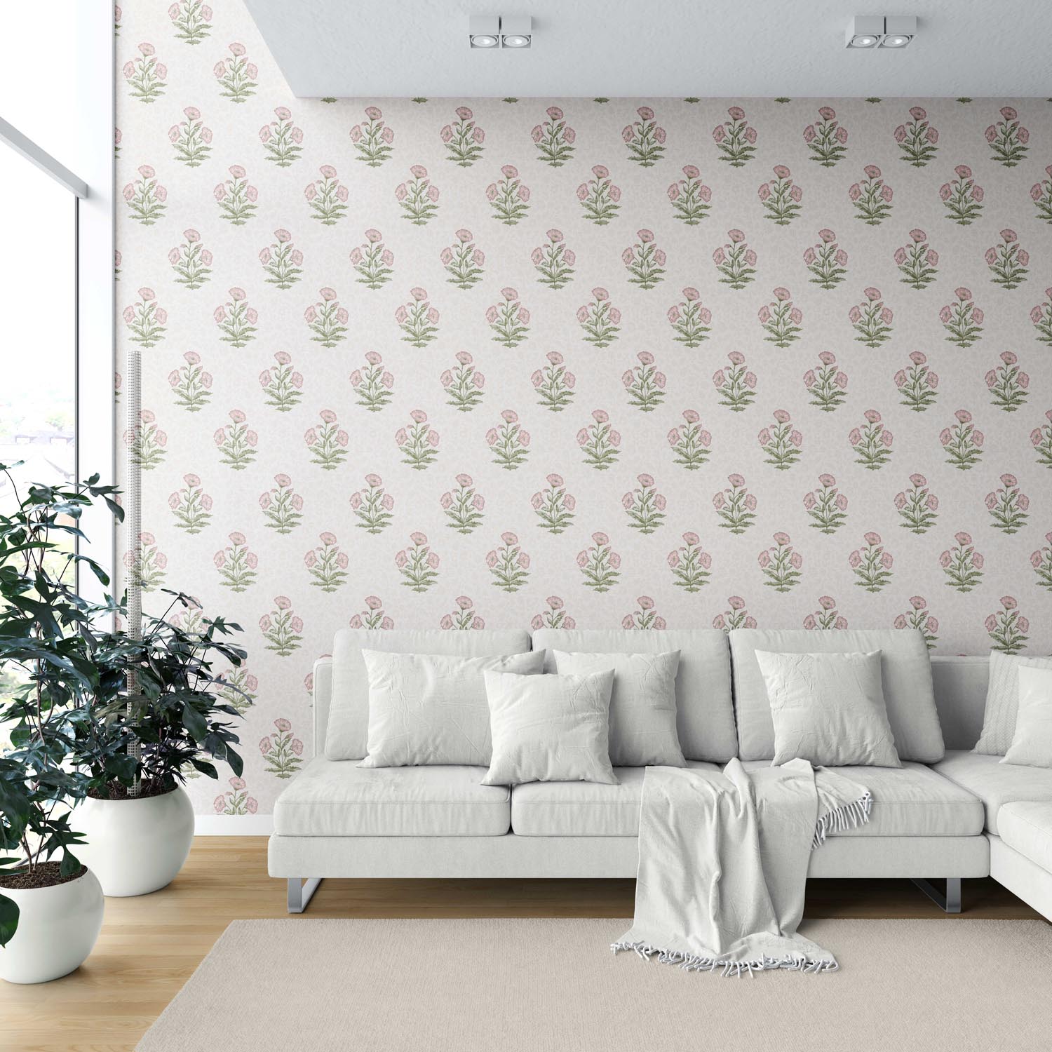 Floral Block Print Shower Toilet Wallpaper (Pale Pink/ Green)