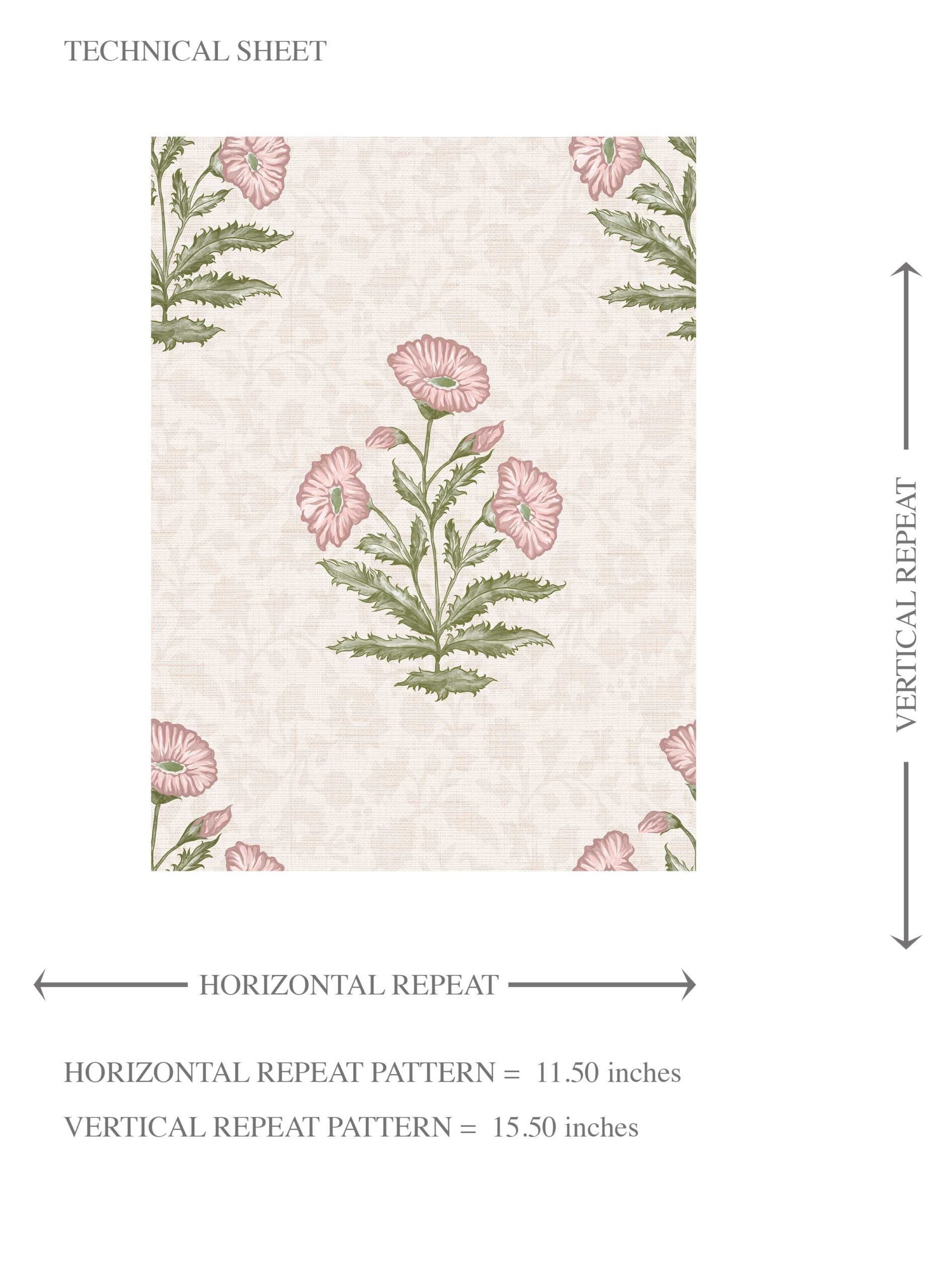 Floral Block Print Kids Room Wallpaper (Pale Pink/ Green)