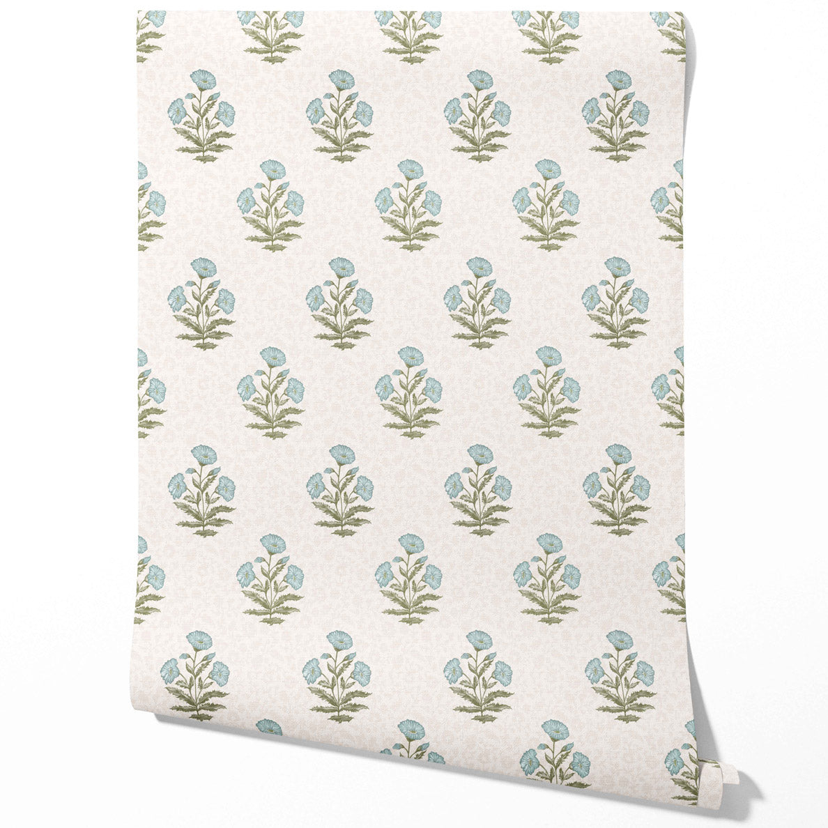 Floral Block Print Traditional Wallpaper Sample (Duck Egg Blue/ Green)