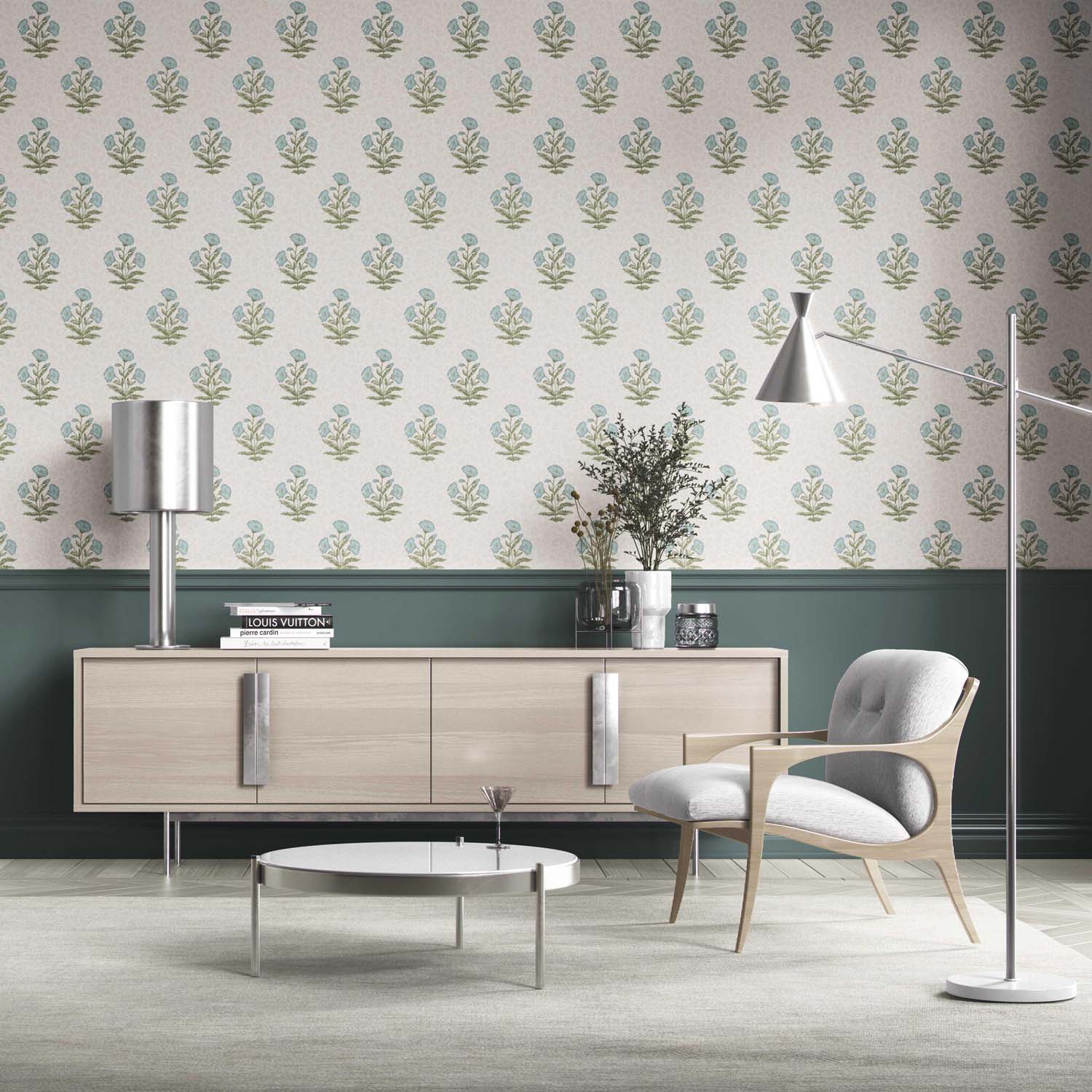 Floral Block Print Kitchen Wallpaper Sample (Duck Egg Blue/ Green)