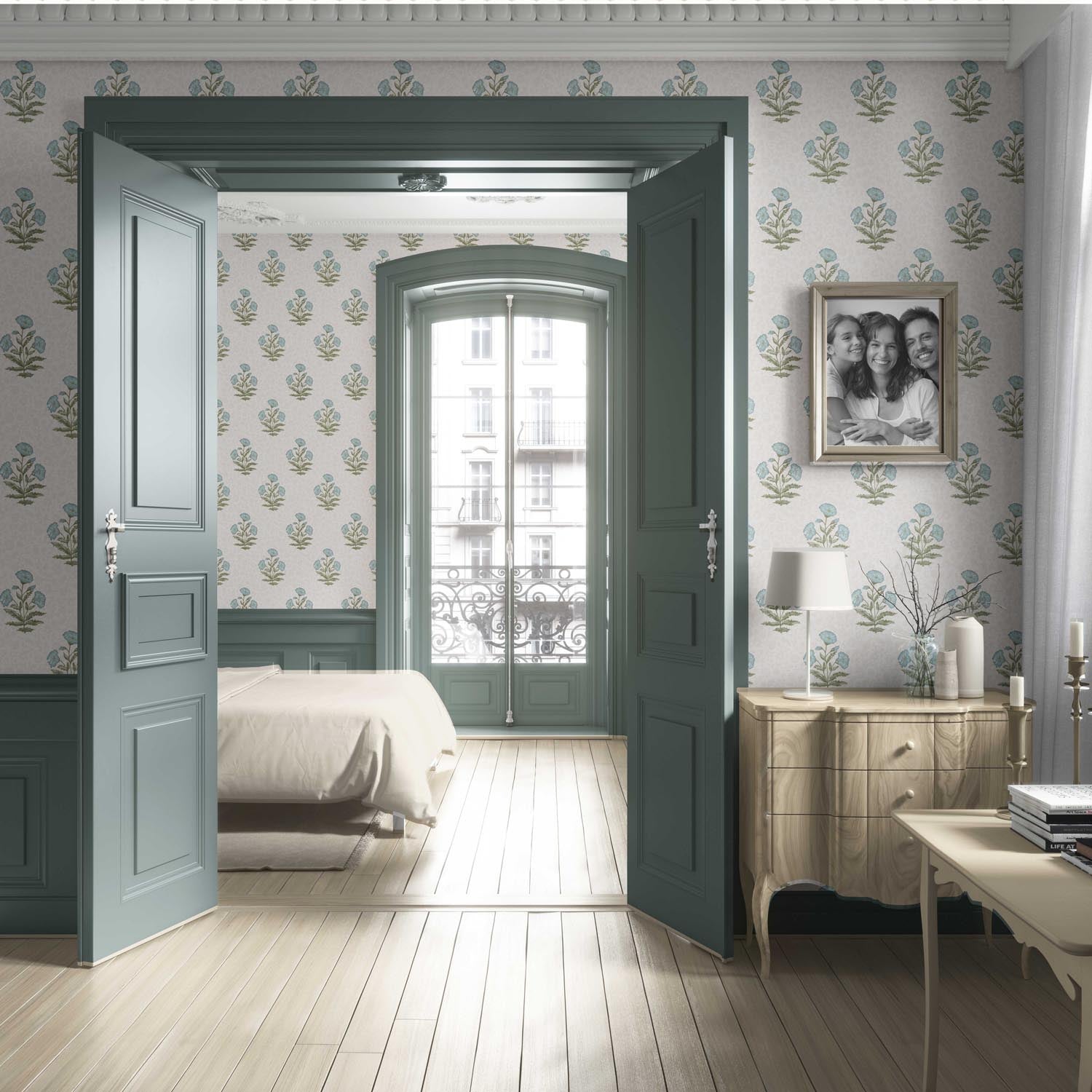 Floral Block Print Living Room Wallpaper Sample (Duck Egg Blue/ Green)