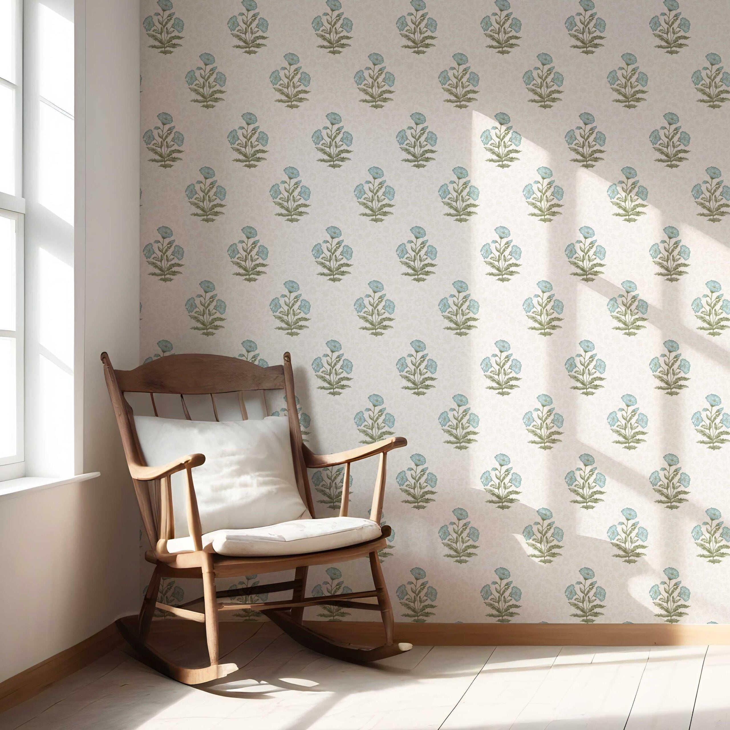 Floral Block Print Nursery Wallpaper (Duck Egg Blue/ Green)