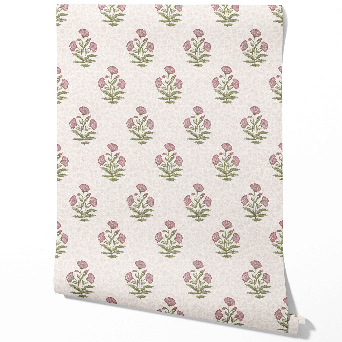 Floral Block Print Traditional Wallpaper (Candy Pink/ Green)
