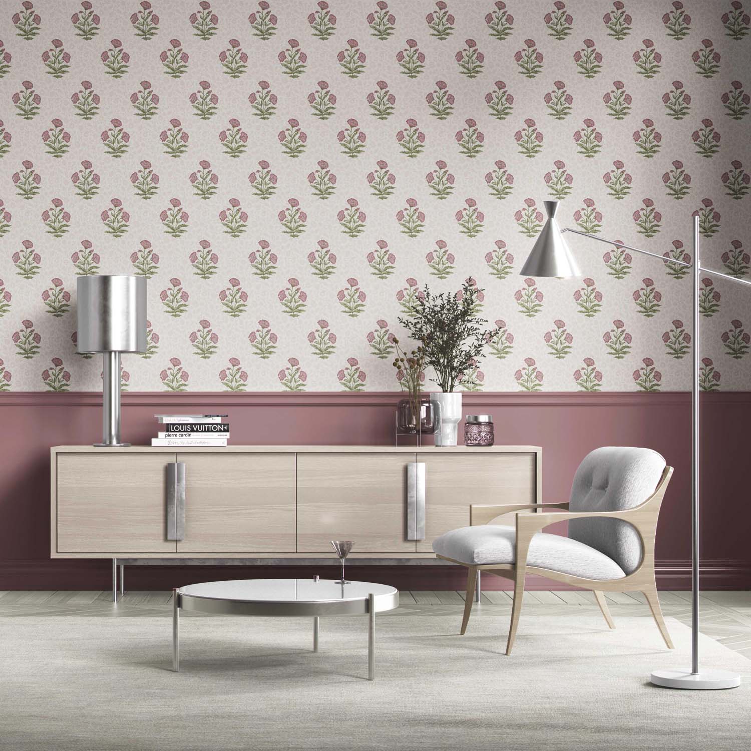 Floral Block Print Kitchen Wallpaper (Candy Pink/ Green)