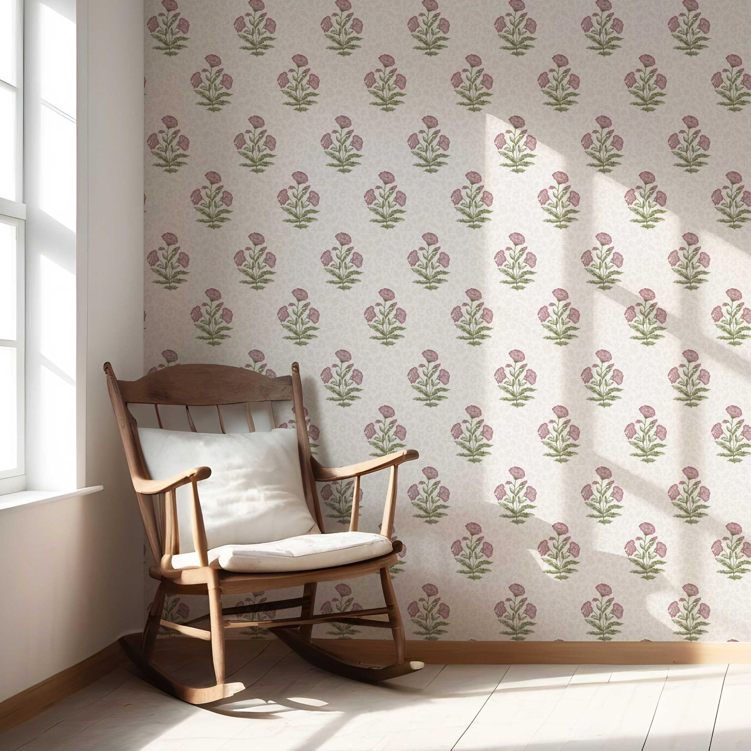Floral Block Print Nursery Wallpaper Sample (Candy Pink/ Green)