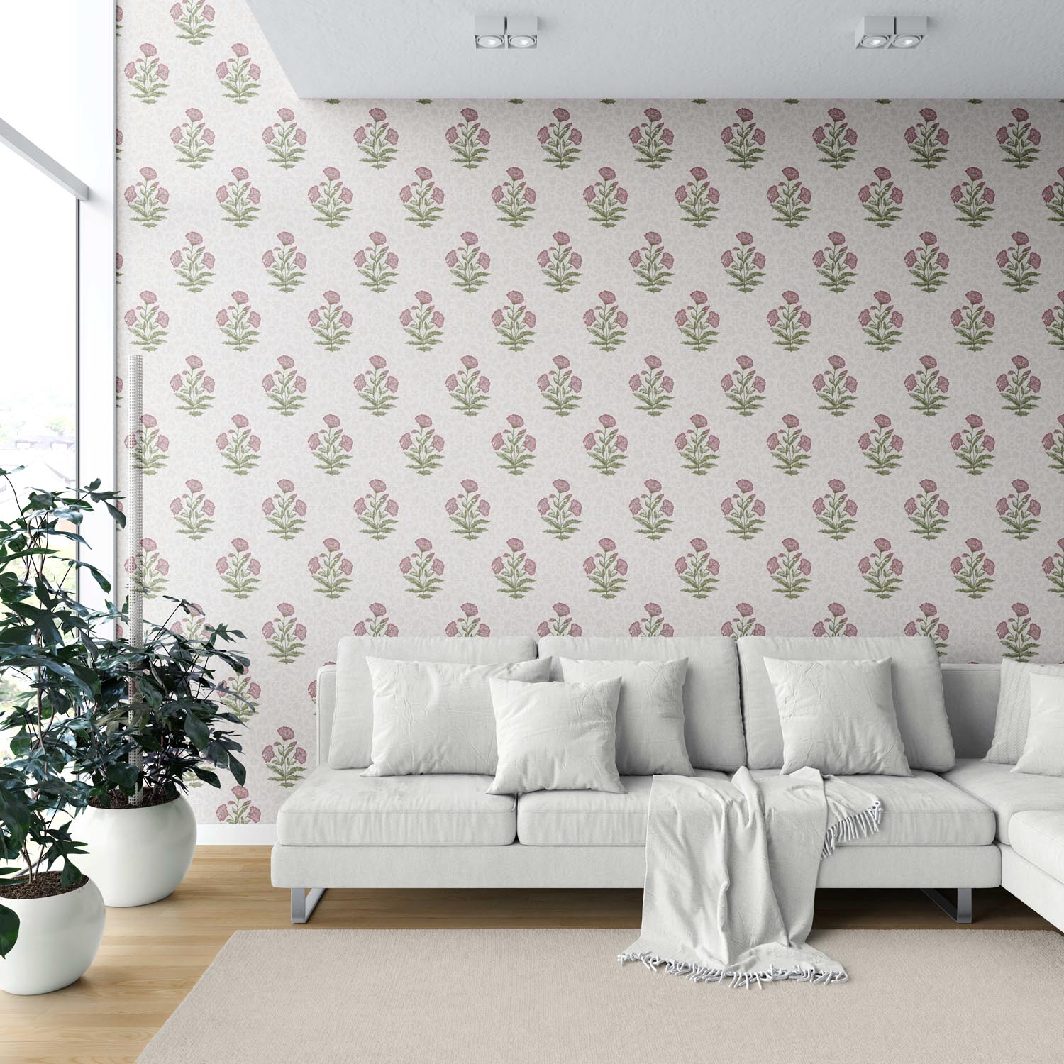 Floral Block Print Shower Toilet Wallpaper (Candy Pink/ Green)