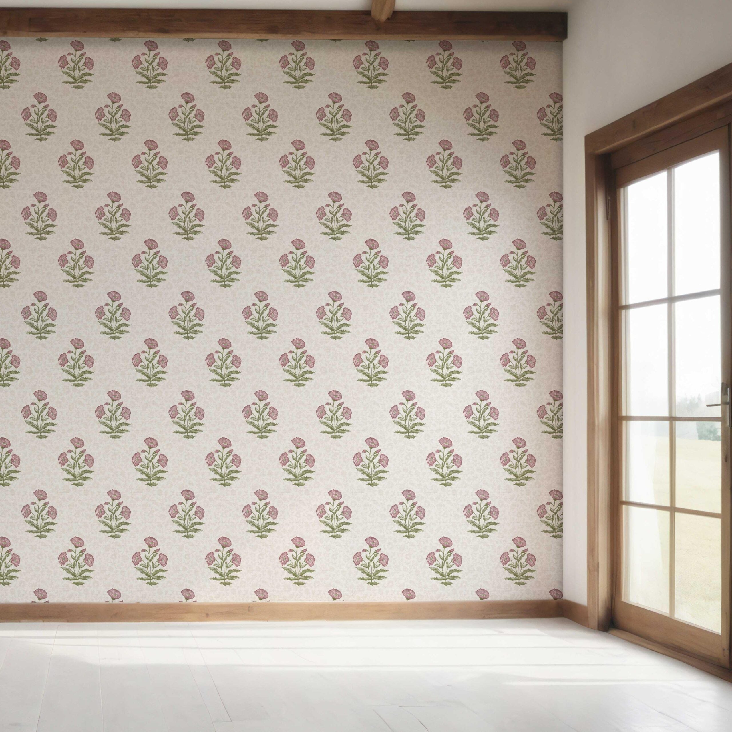 Floral Block Print Bedroom Wallpaper (Candy Pink/ Green)