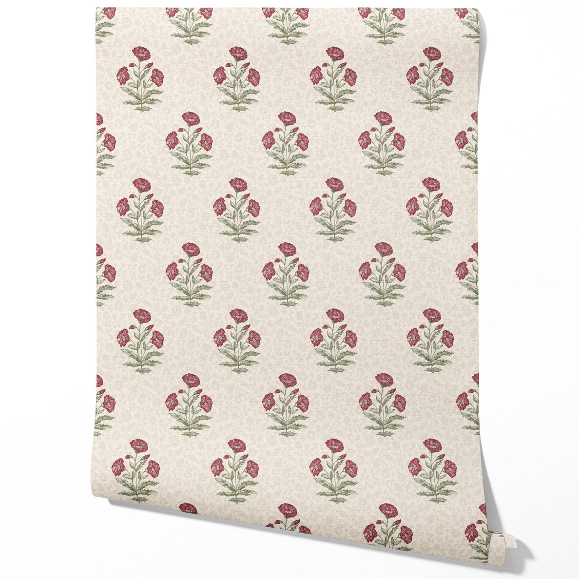 Floral Block Print Traditional Wallpaper Sample (Berry Red/ Maroon/ Green)