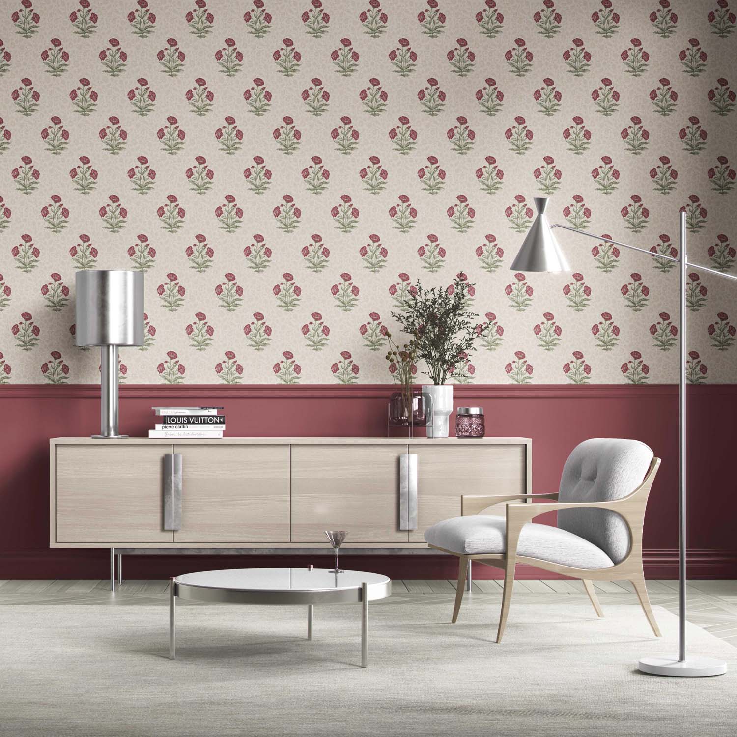 Floral Block Print Kitchen Wallpaper (Berry Red/ Maroon/ Green)