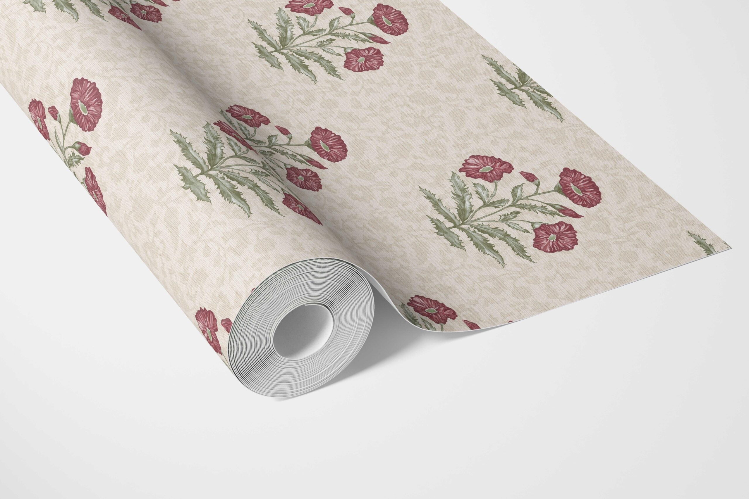 Floral Block Print Bathroom Wallpaper (Berry Red/ Maroon/ Green)