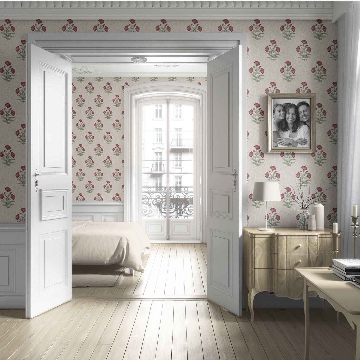 Floral Block Print Living Room Wallpaper Sample (Berry Red/ Maroon/ Green)