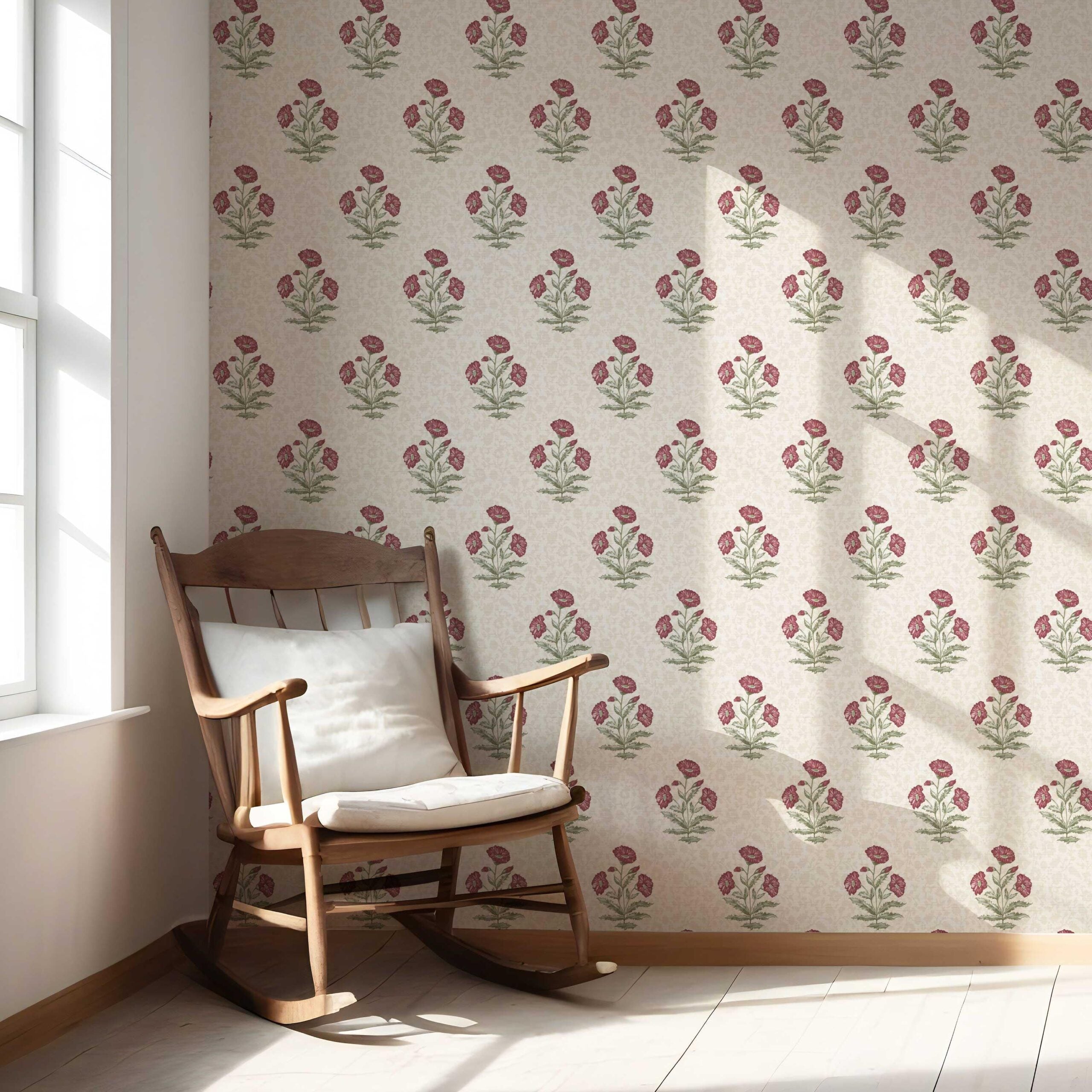 Floral Block Print Nursery Wallpaper (Berry Red/ Maroon/ Green)
